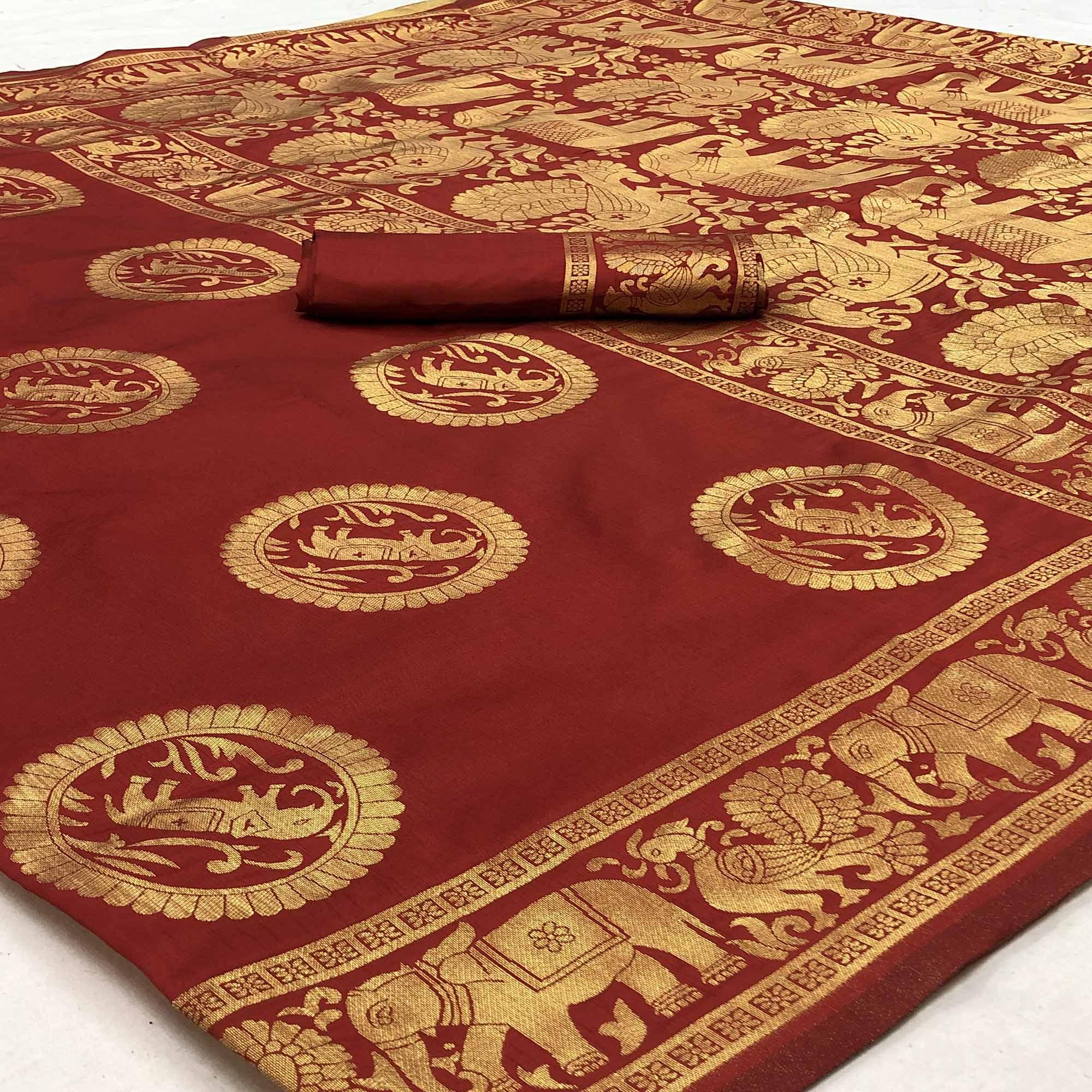 Entrancing Maroon Colored Festive Wear Woven Banarasi Silk Saree - Peachmode
