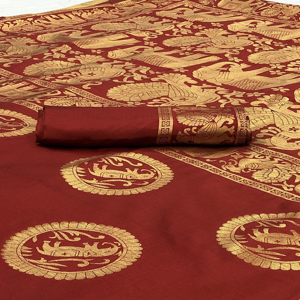 Entrancing Maroon Colored Festive Wear Woven Banarasi Silk Saree - Peachmode