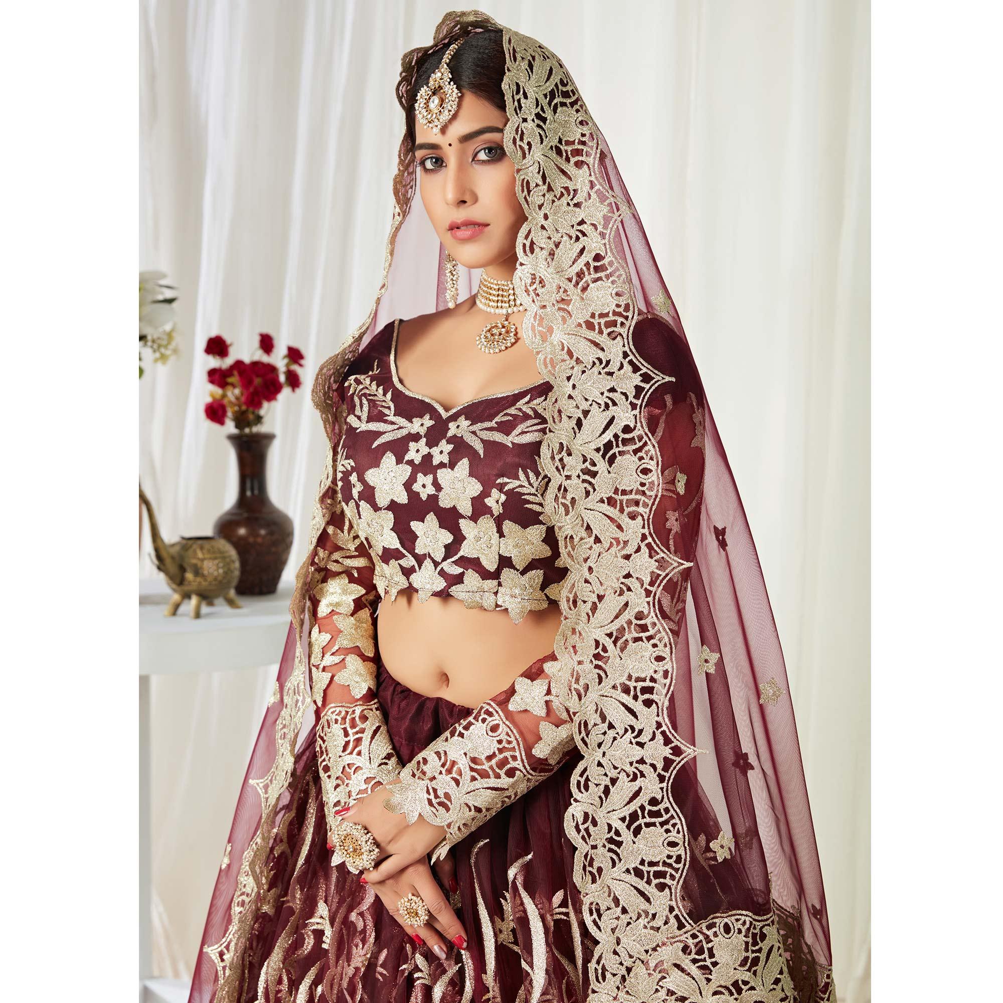 Entrancing Maroon Colored Wedding Wear Butterfly Net With Embroidered Lehenga Choli - Peachmode