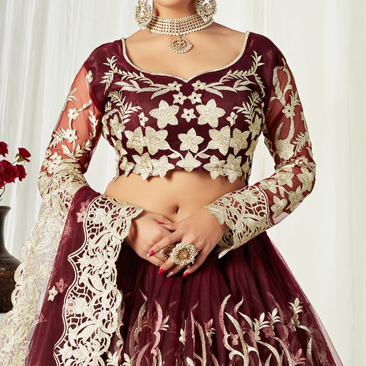 Entrancing Maroon Colored Wedding Wear Butterfly Net With Embroidered Lehenga Choli - Peachmode
