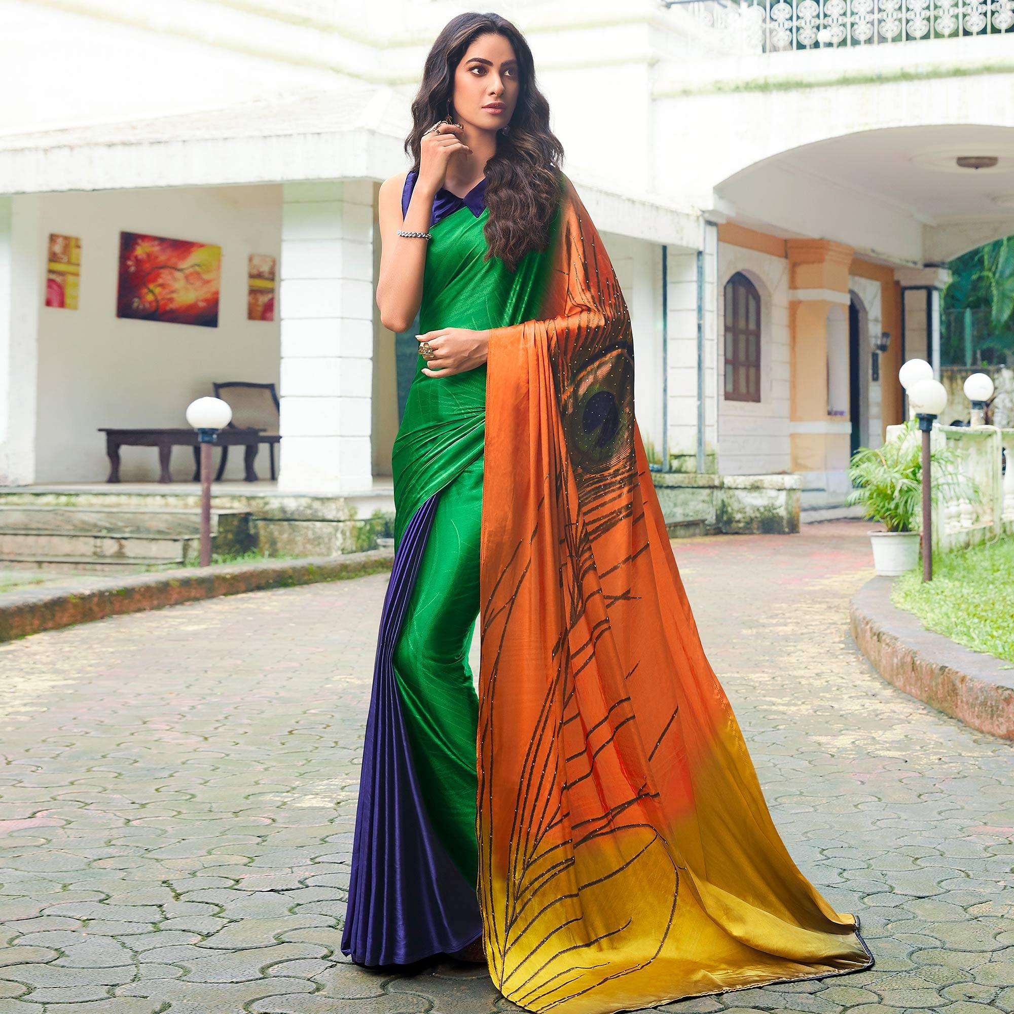 Entrancing Multi Colored Party Wear Printed Silk Saree - Peachmode