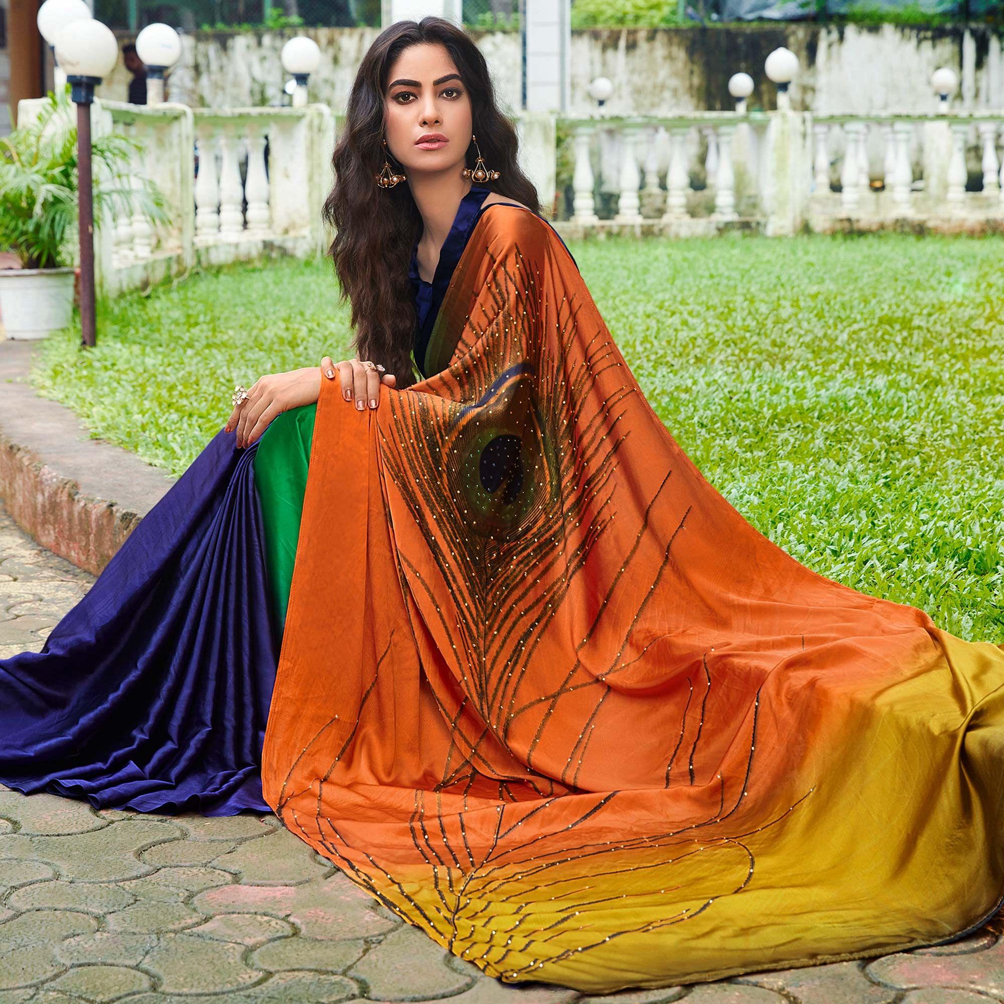 Entrancing Multi Colored Party Wear Printed Silk Saree - Peachmode