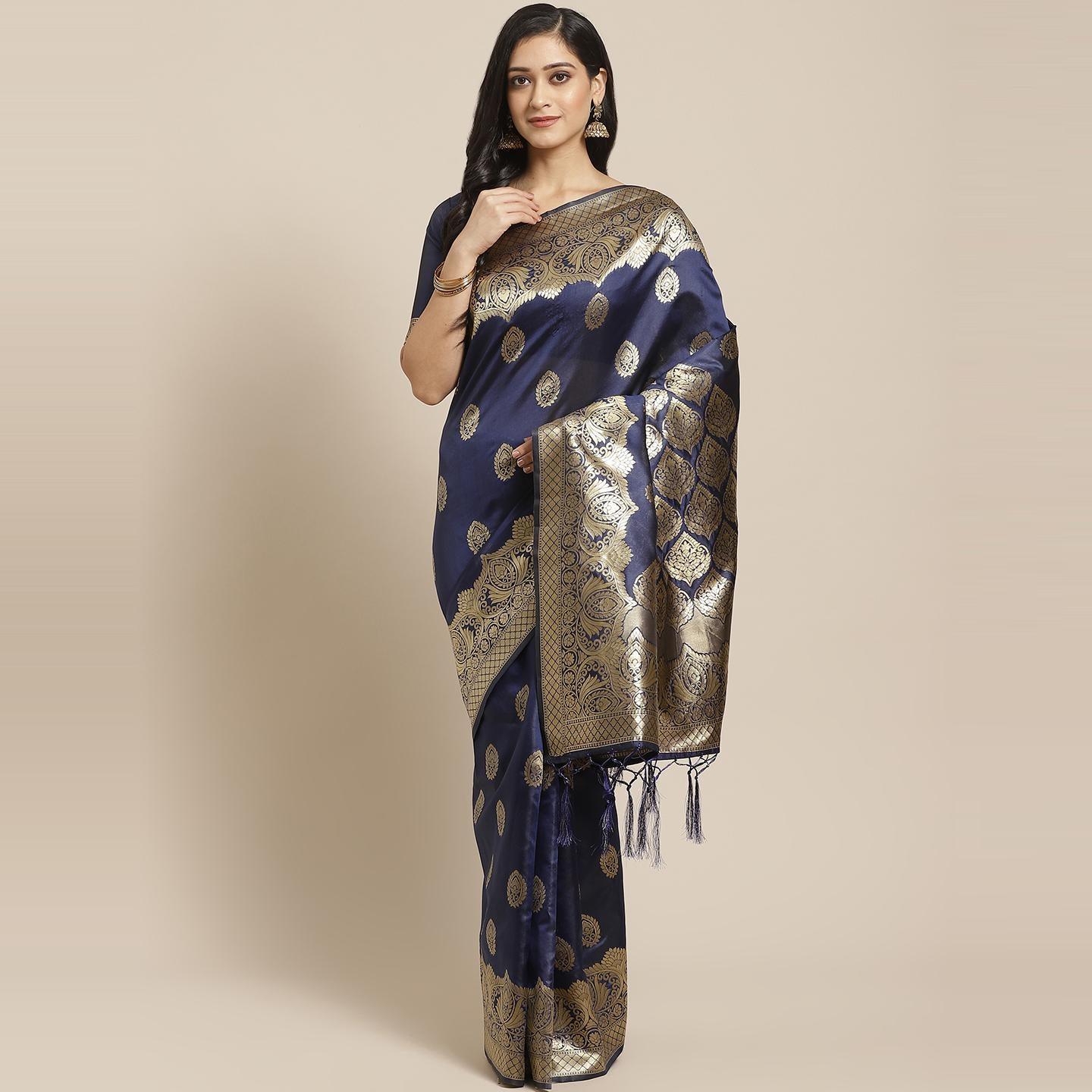 Entrancing Navy Blue Colored Festive Wear Woven Silk Saree - Peachmode