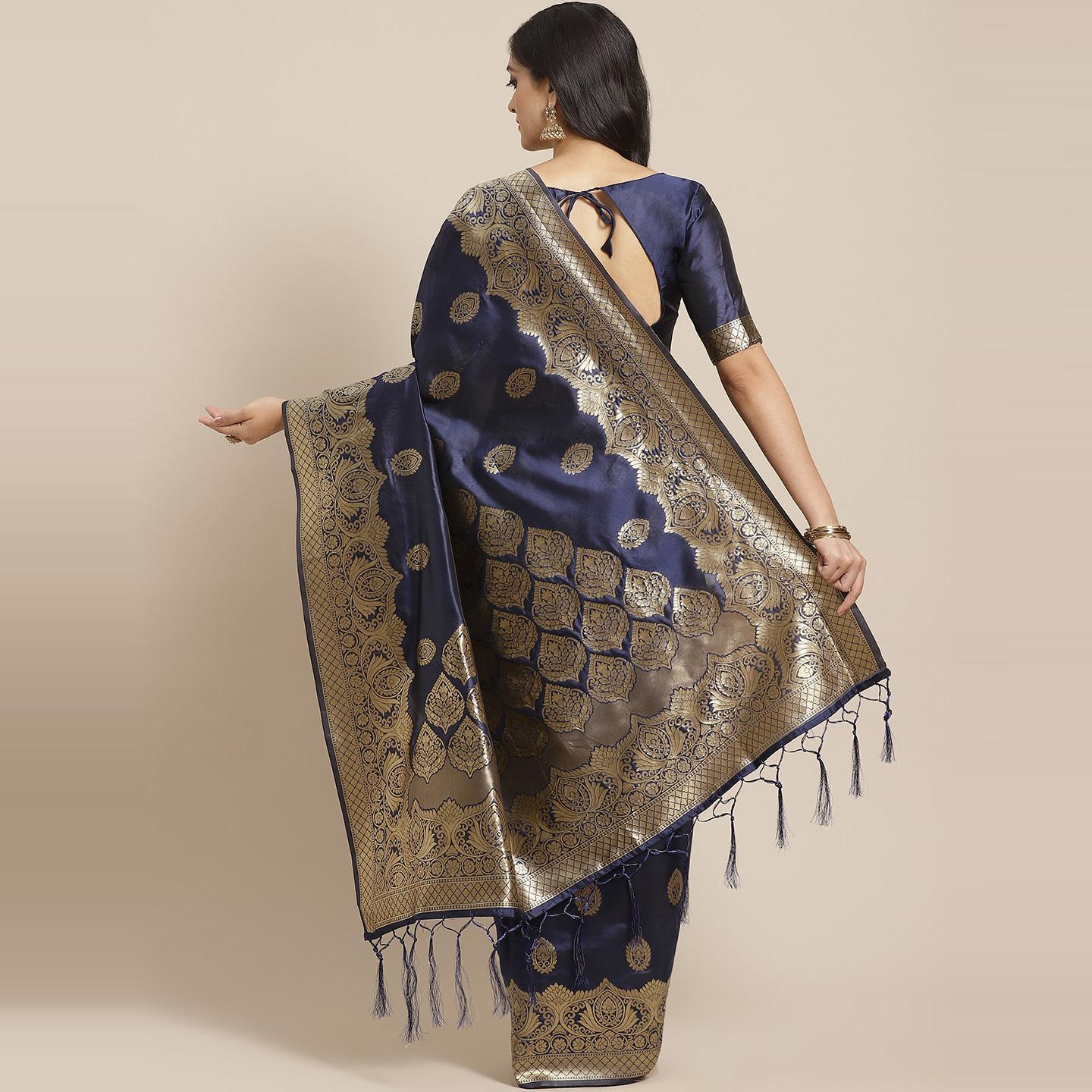 Entrancing Navy Blue Colored Festive Wear Woven Silk Saree - Peachmode