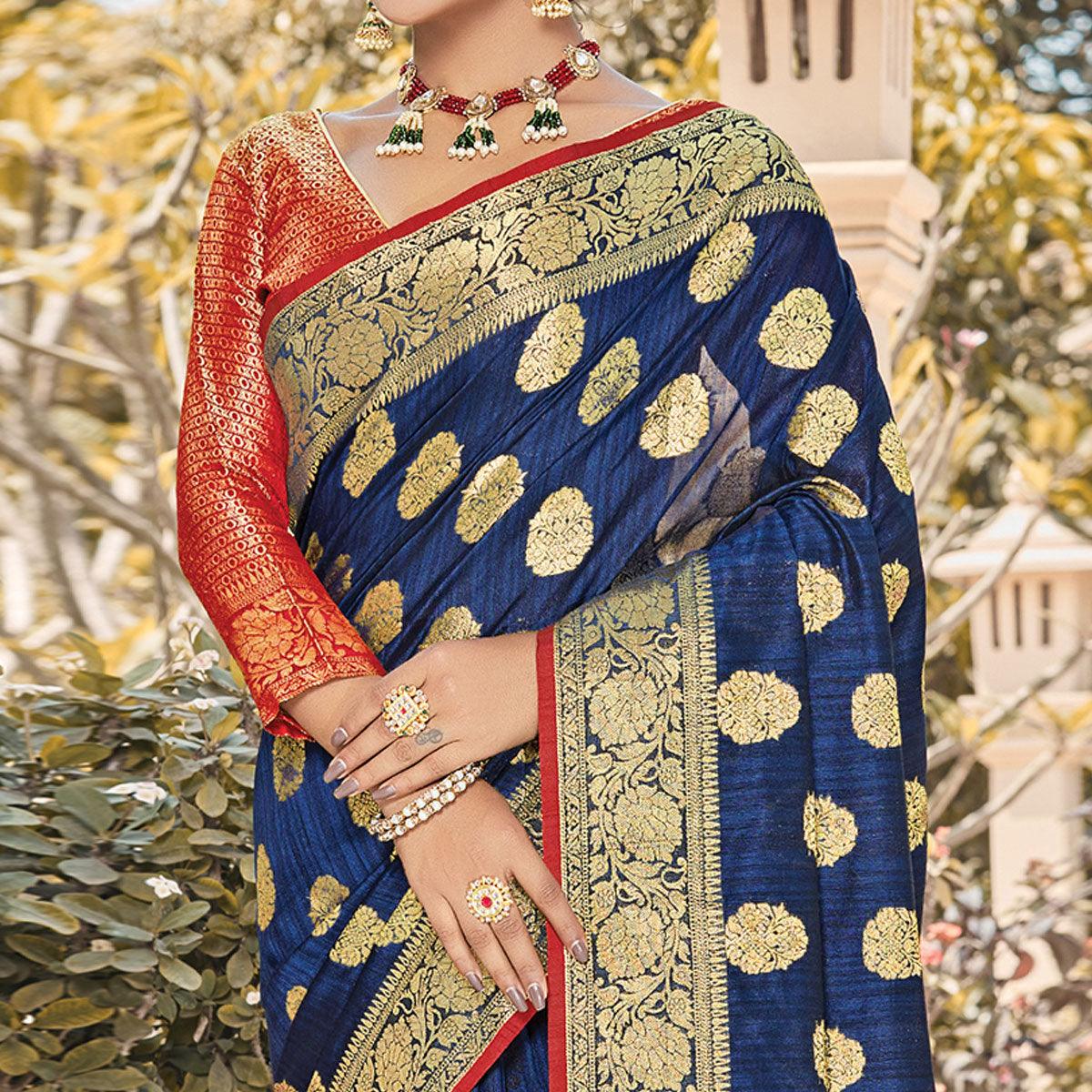 Entrancing Navy Blue Colored Festive Wear Woven Silk Saree - Peachmode