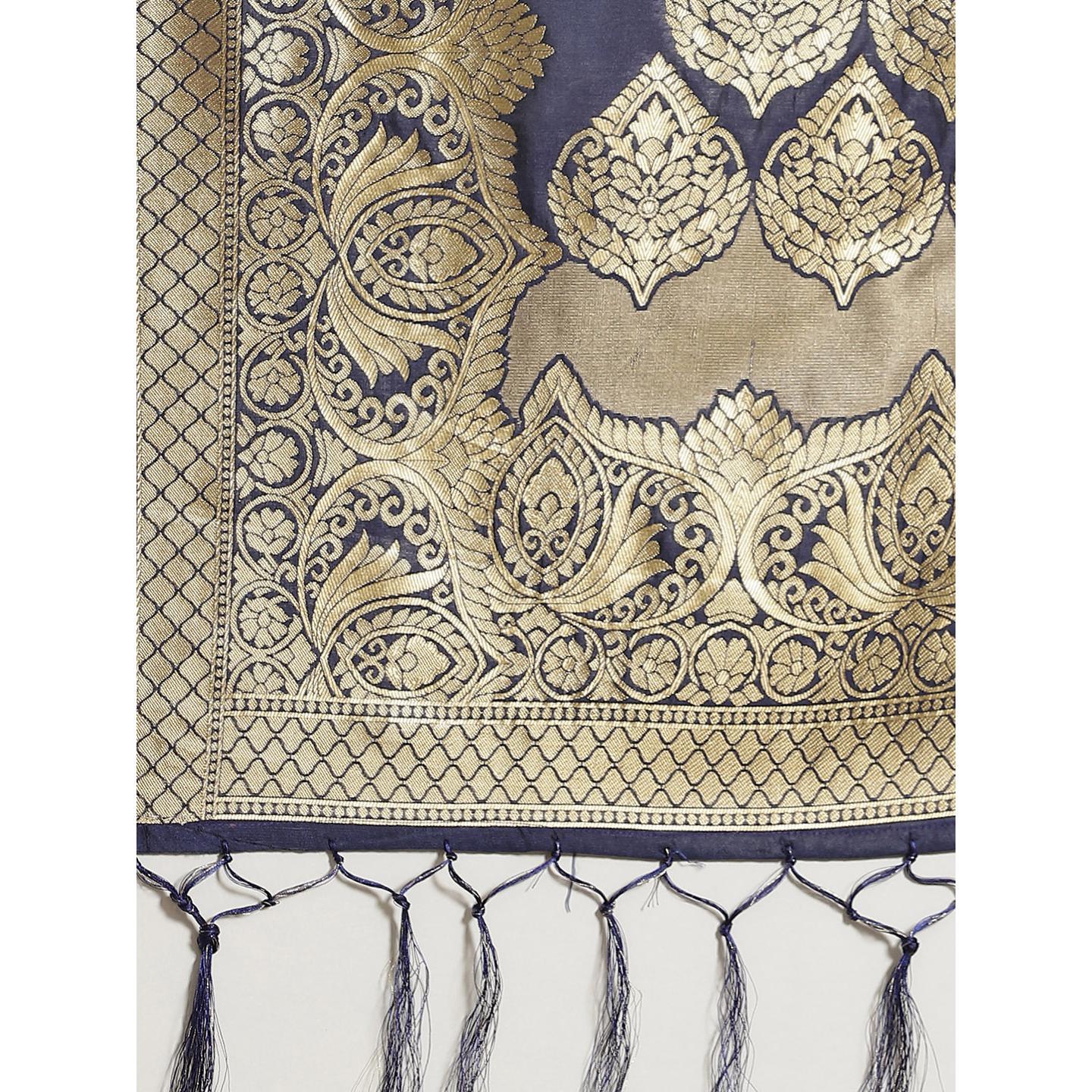 Entrancing Navy Blue Colored Festive Wear Woven Silk Saree - Peachmode