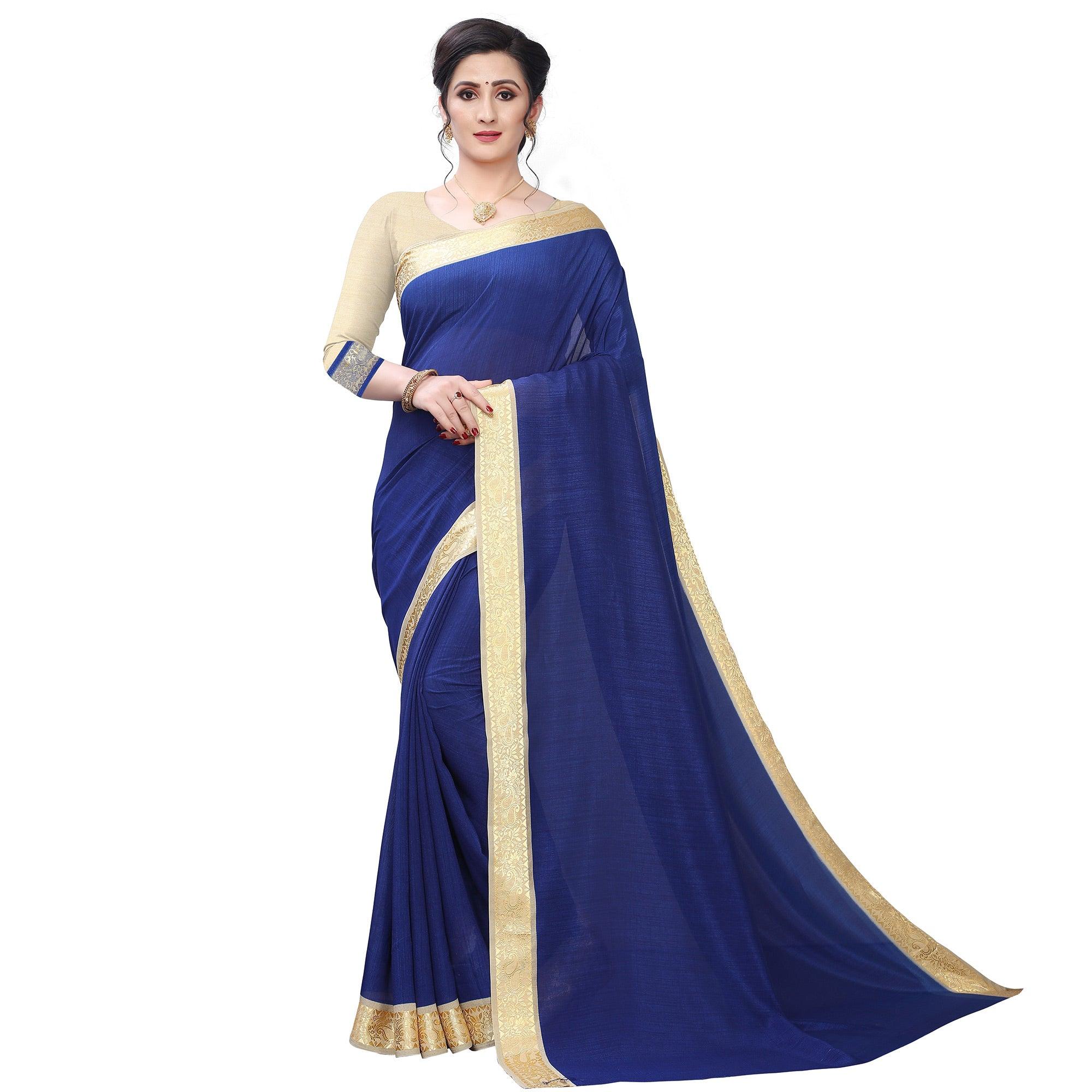 Entrancing Navy Blue Colored Festive Wear Woven Vichitra Silk Saree - Peachmode