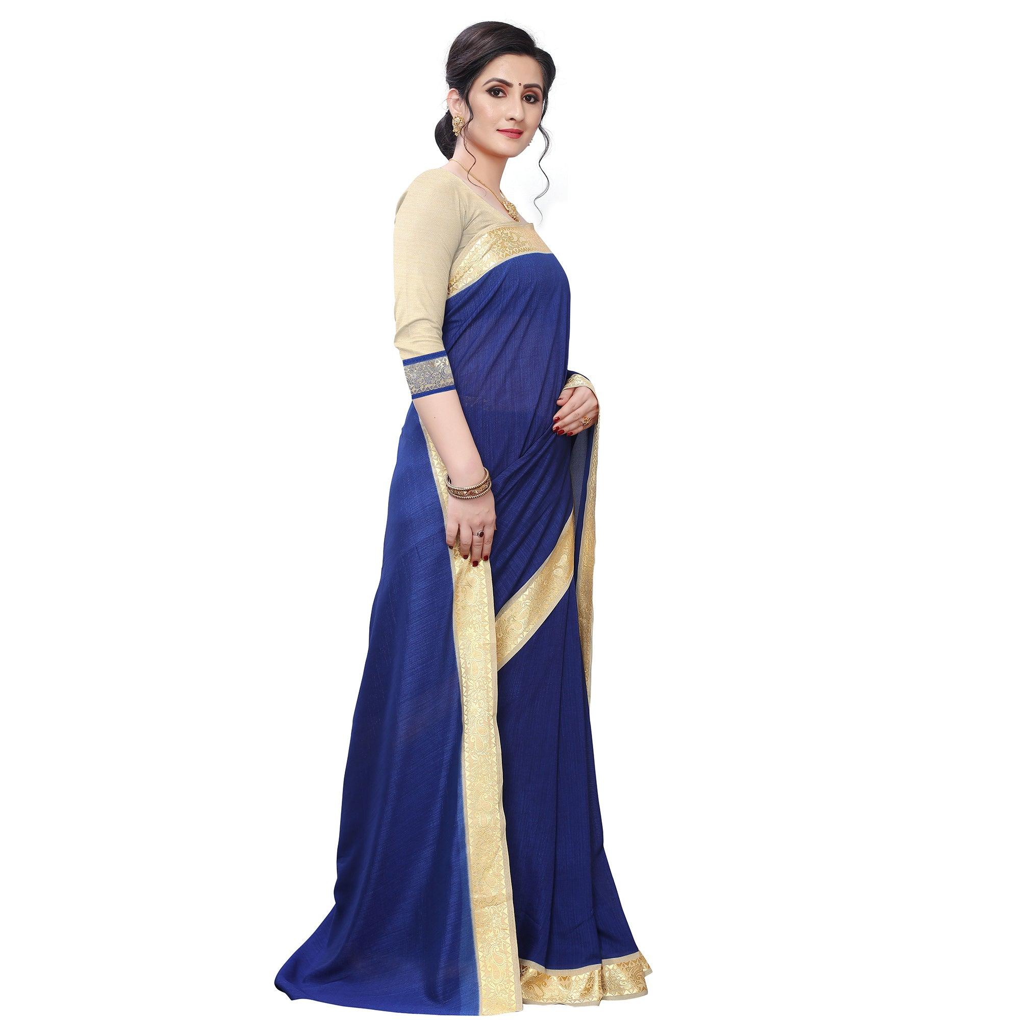Entrancing Navy Blue Colored Festive Wear Woven Vichitra Silk Saree - Peachmode
