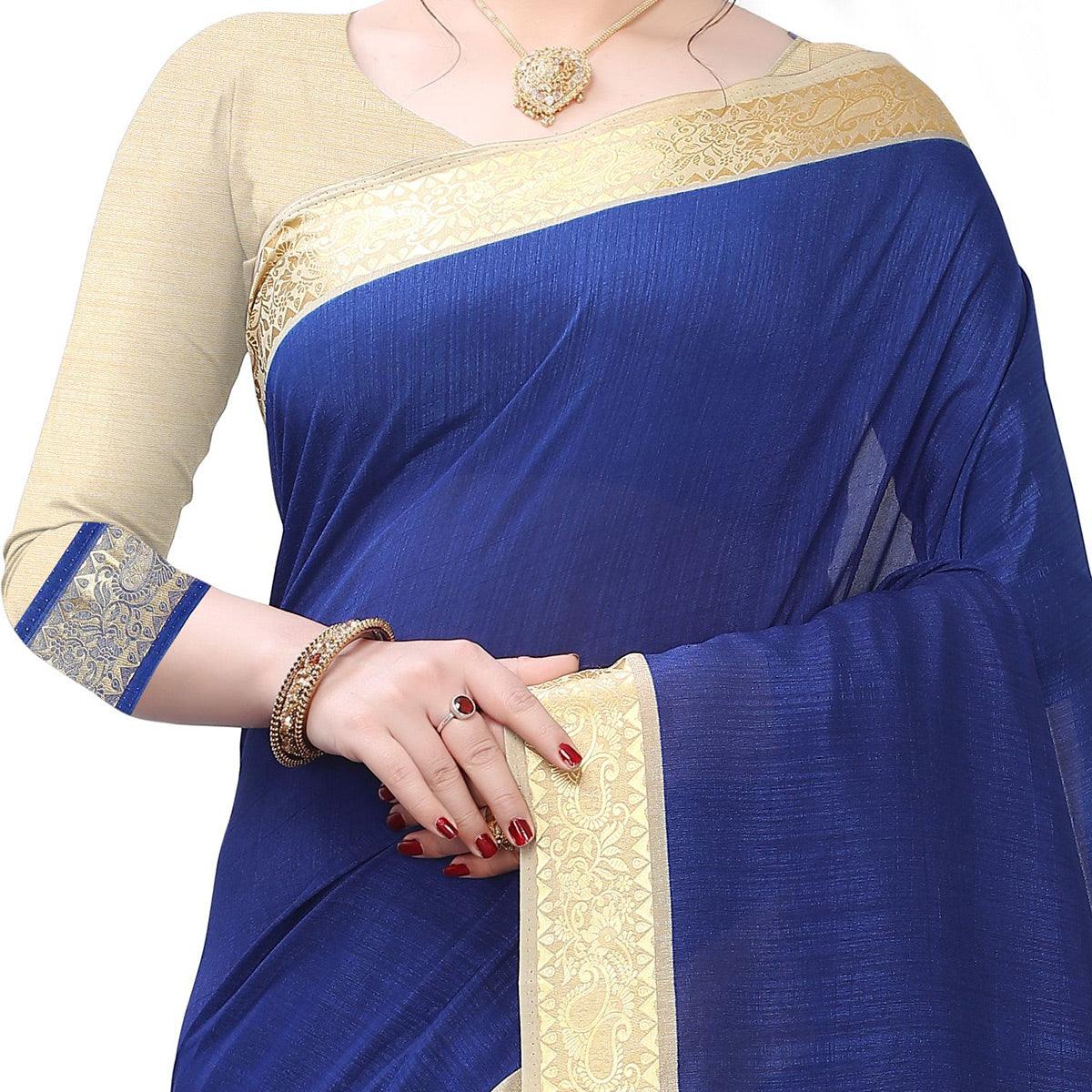 Entrancing Navy Blue Colored Festive Wear Woven Vichitra Silk Saree - Peachmode