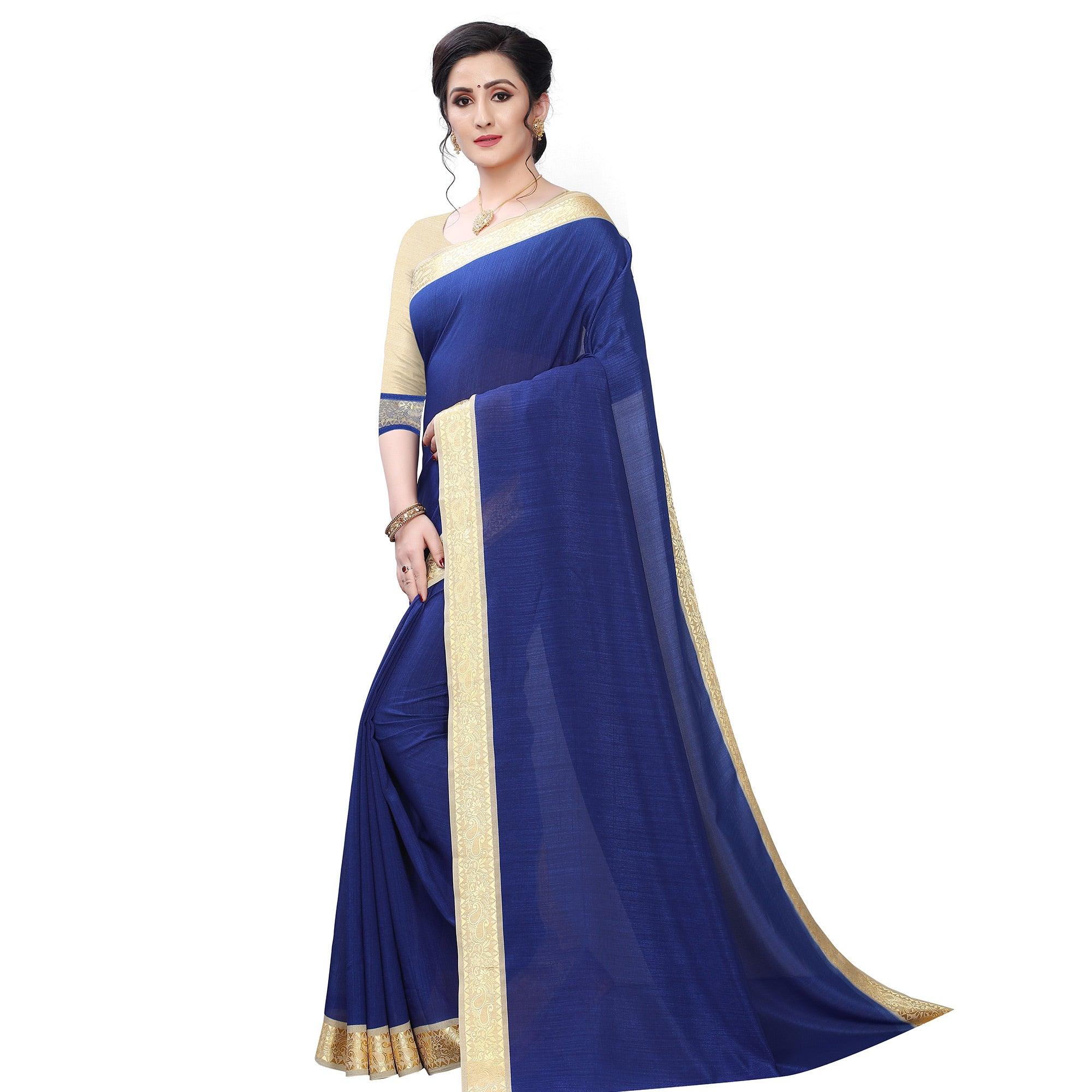 Entrancing Navy Blue Colored Festive Wear Woven Vichitra Silk Saree - Peachmode