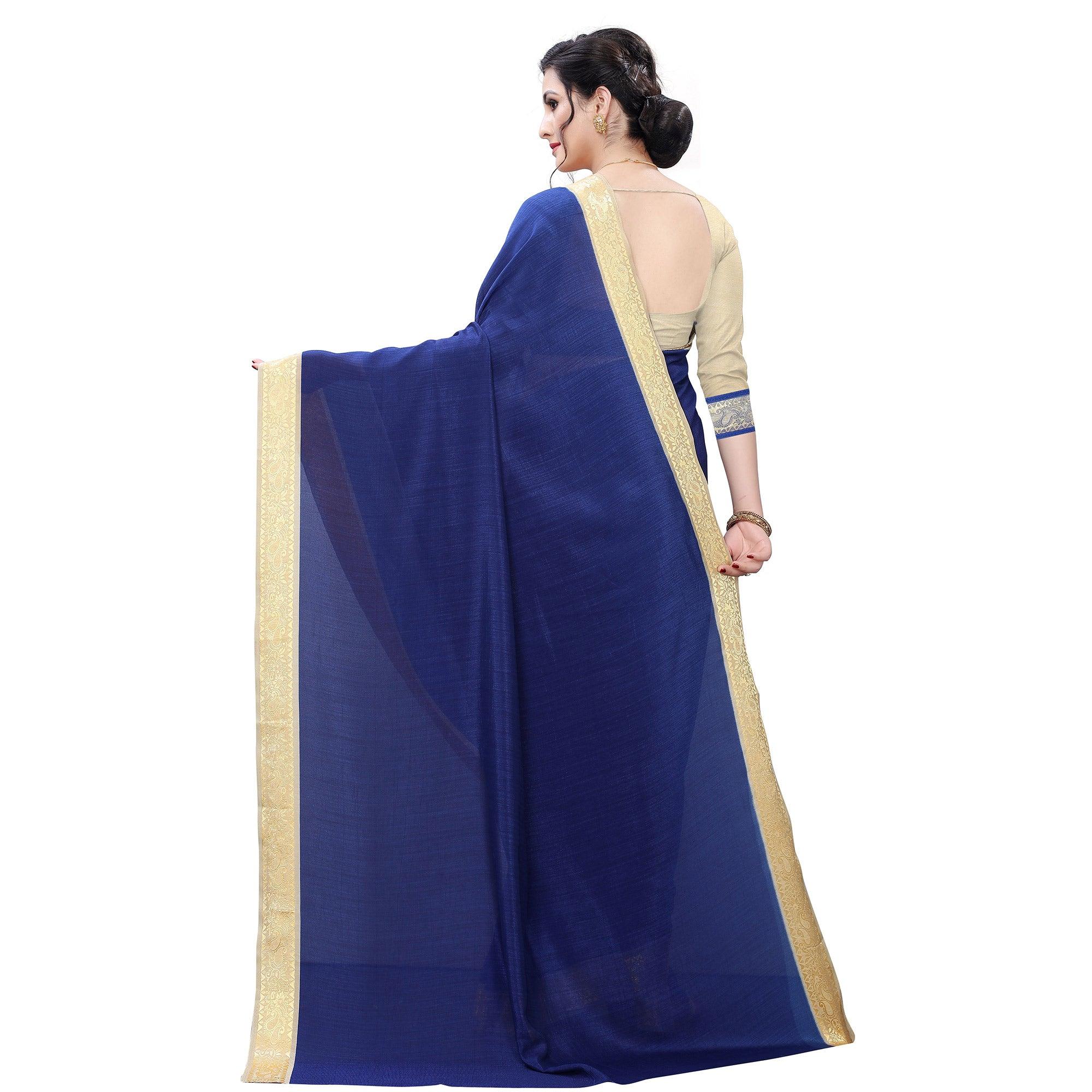 Entrancing Navy Blue Colored Festive Wear Woven Vichitra Silk Saree - Peachmode