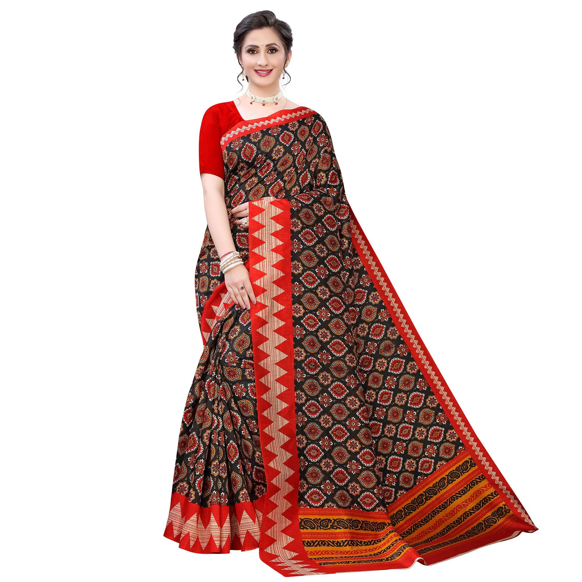 Entrancing Navy Blue - Peach Colored Casual Wear Printed Art Silk Saree - Peachmode