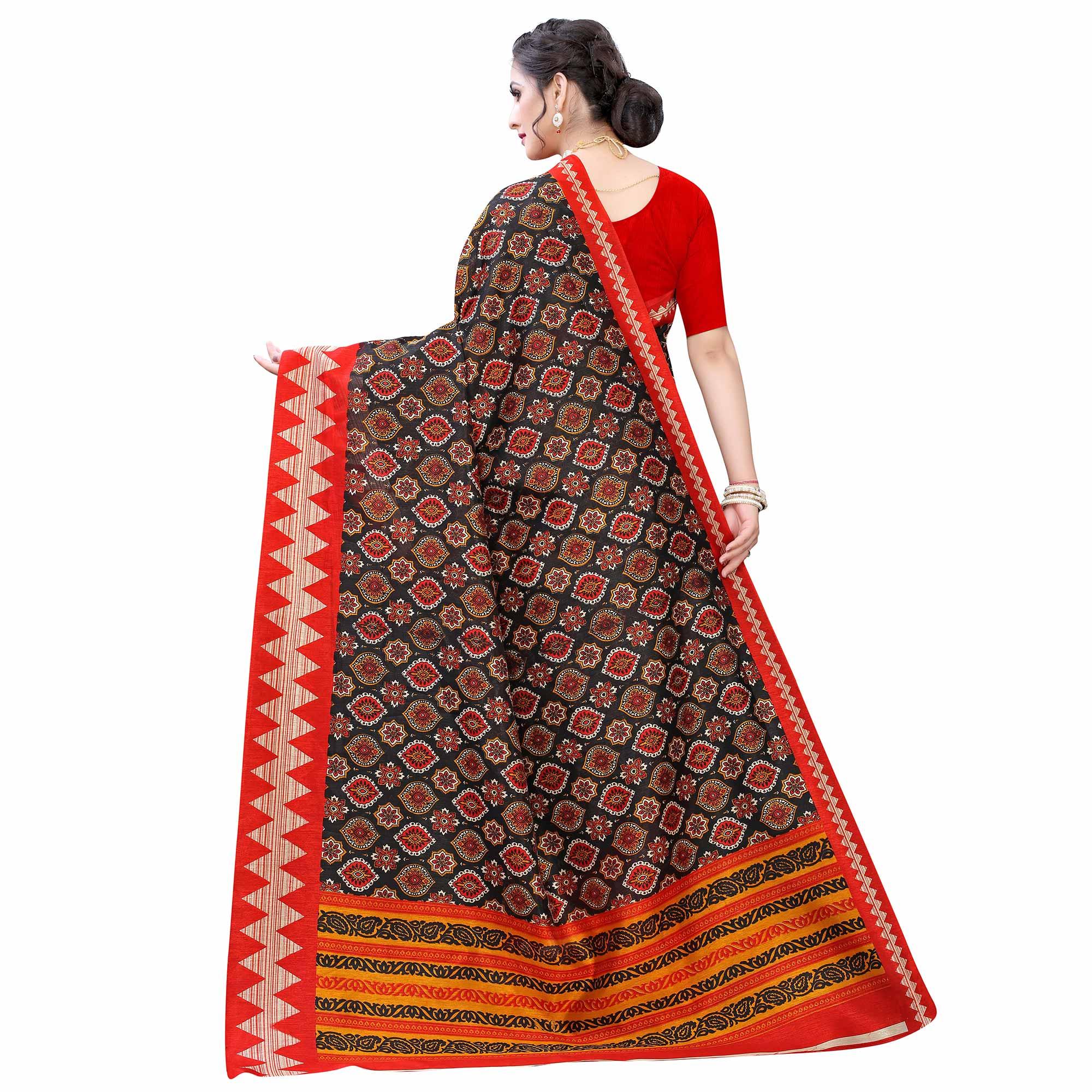Entrancing Navy Blue - Peach Colored Casual Wear Printed Art Silk Saree - Peachmode