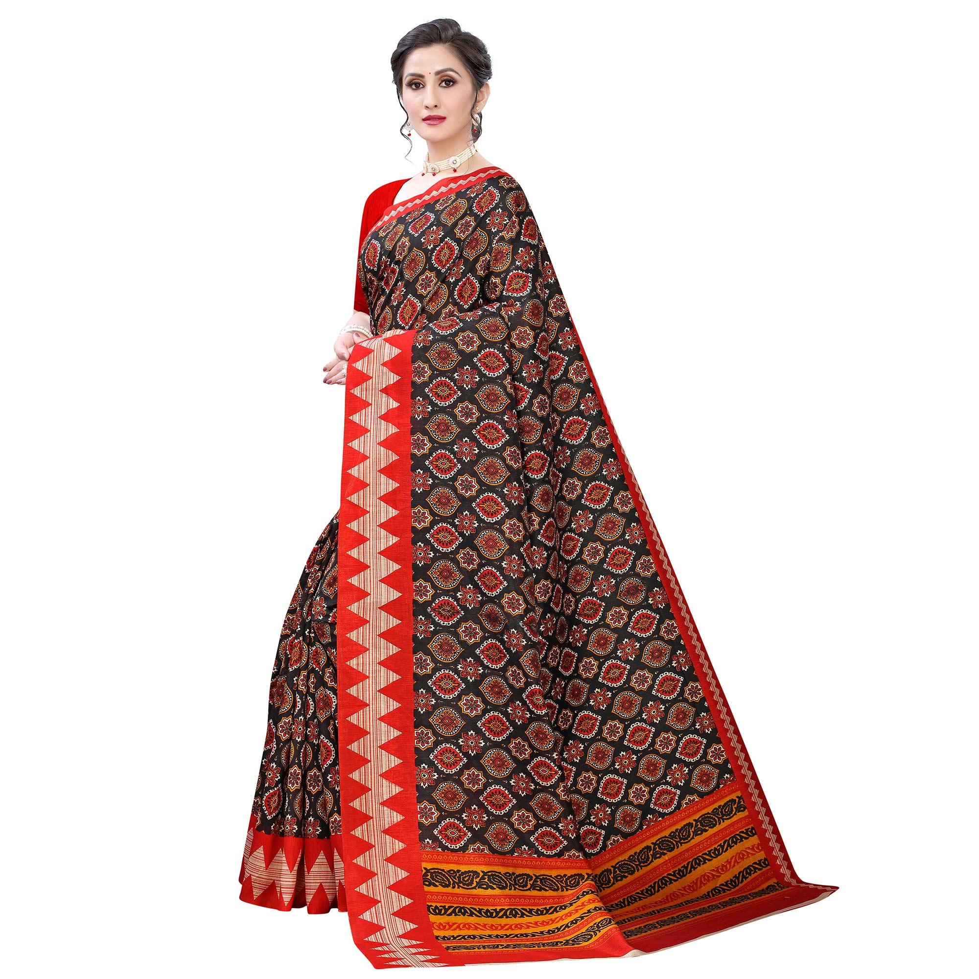 Entrancing Navy Blue - Peach Colored Casual Wear Printed Art Silk Saree - Peachmode