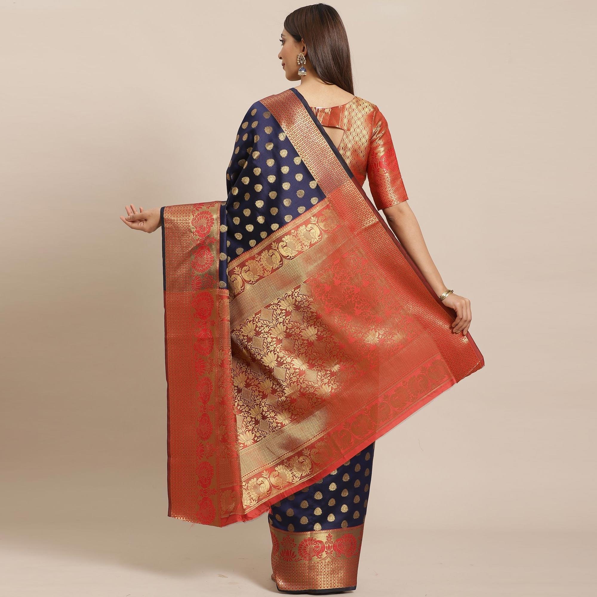 Entrancing Navy Blue - Red Colored Festive Wear Woven Silk Blend Saree - Peachmode