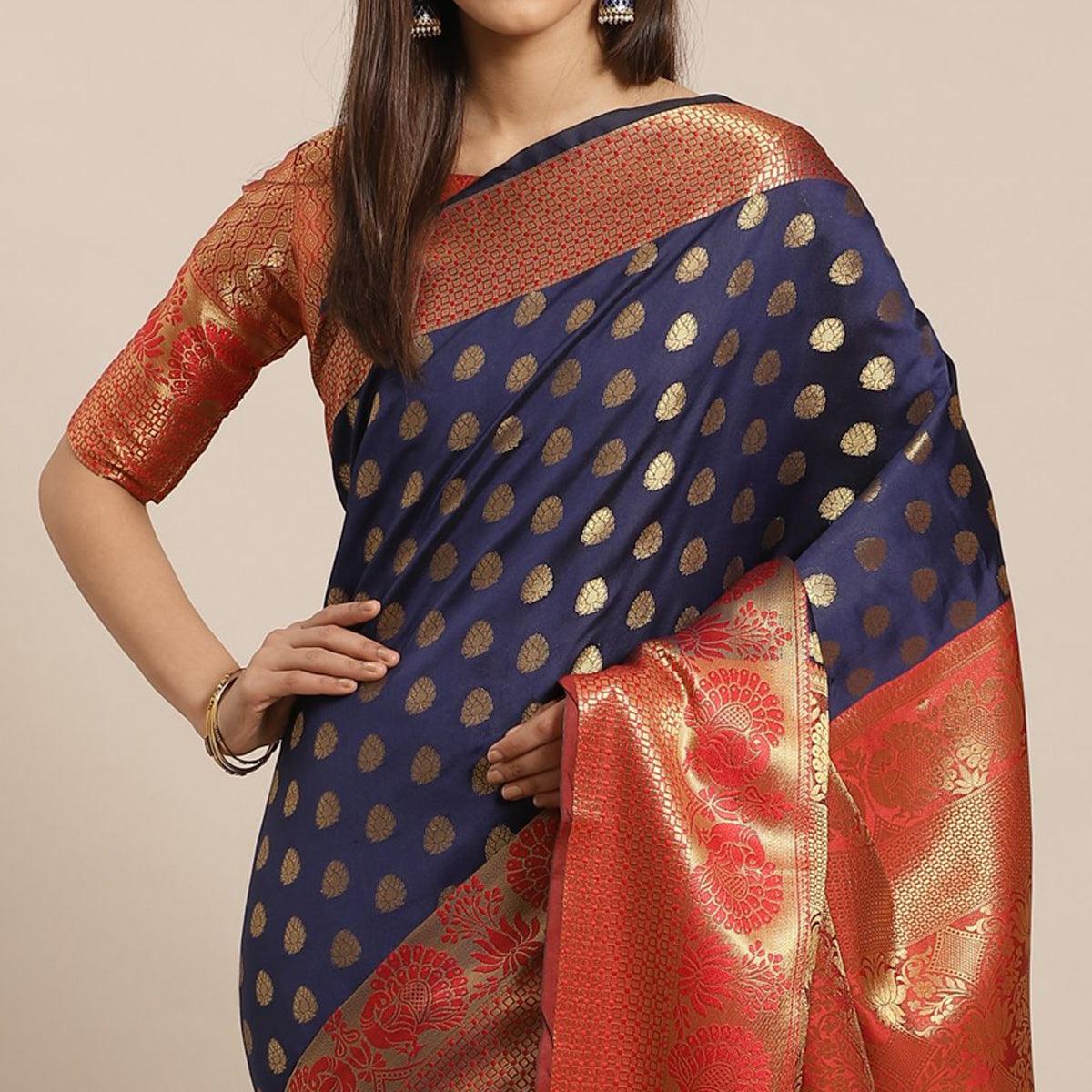 Entrancing Navy Blue - Red Colored Festive Wear Woven Silk Blend Saree - Peachmode