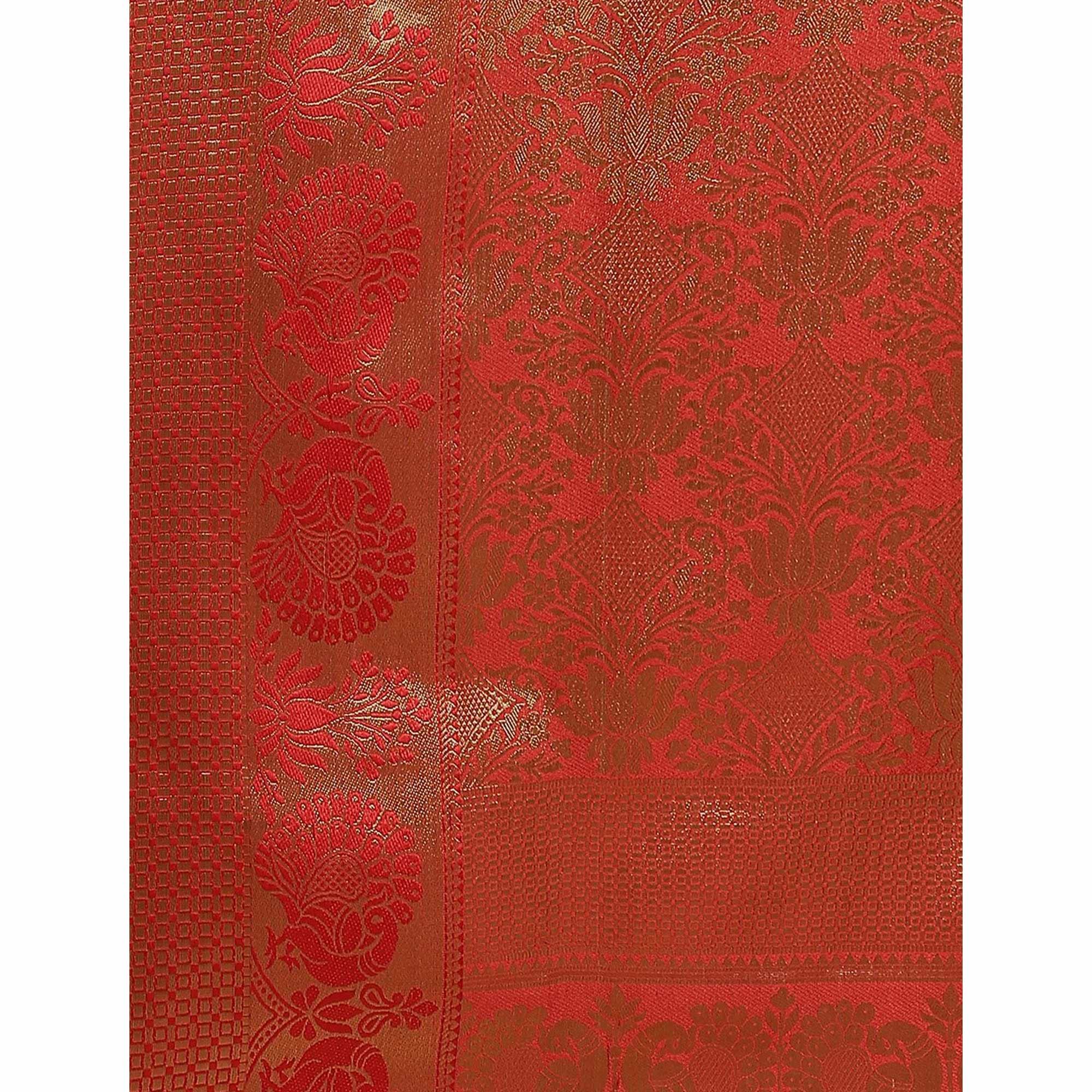 Entrancing Navy Blue - Red Colored Festive Wear Woven Silk Blend Saree - Peachmode