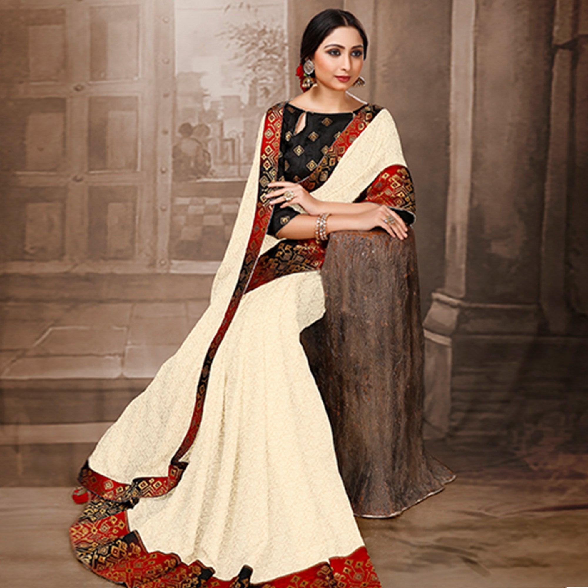 Entrancing Offwhite Colored Festive Wear Woven Silk Saree - Peachmode