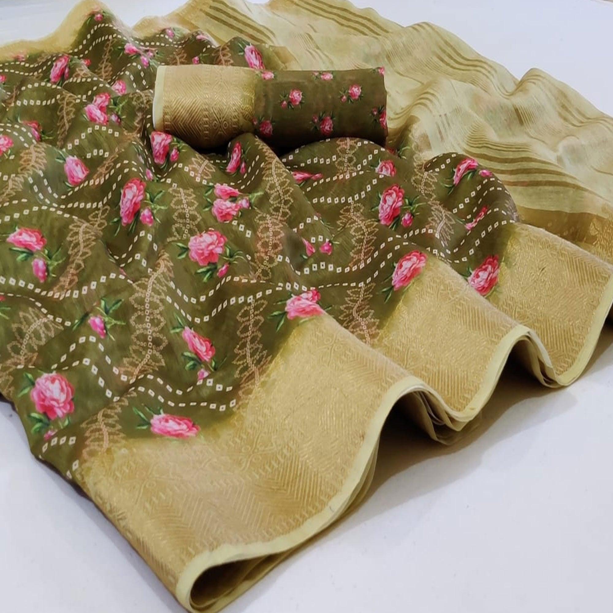 Entrancing Olive Green Colored Festive Wear Woven Banarasi Silk Saree - Peachmode