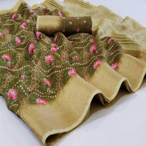 Entrancing Olive Green Colored Festive Wear Woven Banarasi Silk Saree - Peachmode