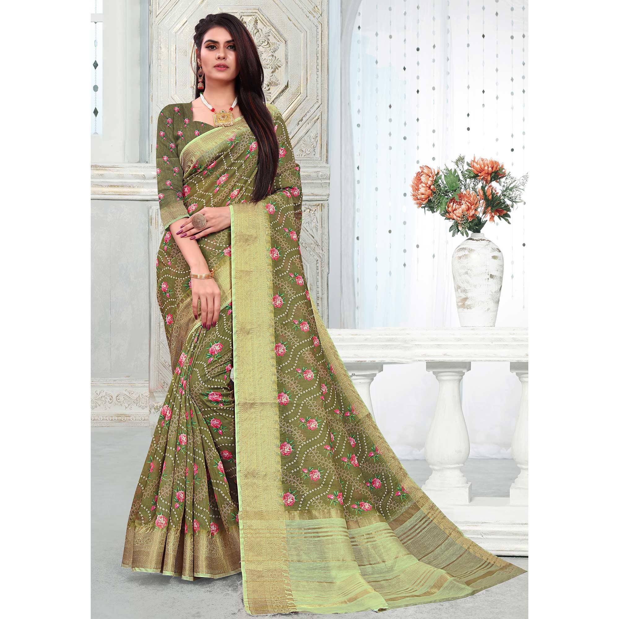 Entrancing Olive Green Colored Festive Wear Woven Banarasi Silk Saree - Peachmode