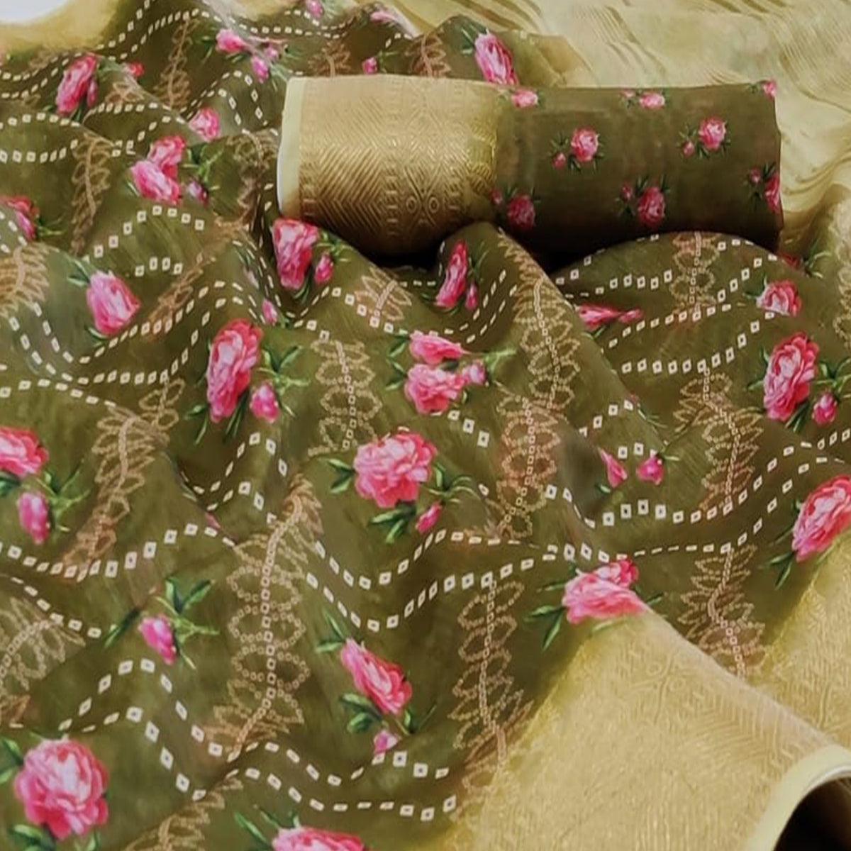 Entrancing Olive Green Colored Festive Wear Woven Banarasi Silk Saree - Peachmode