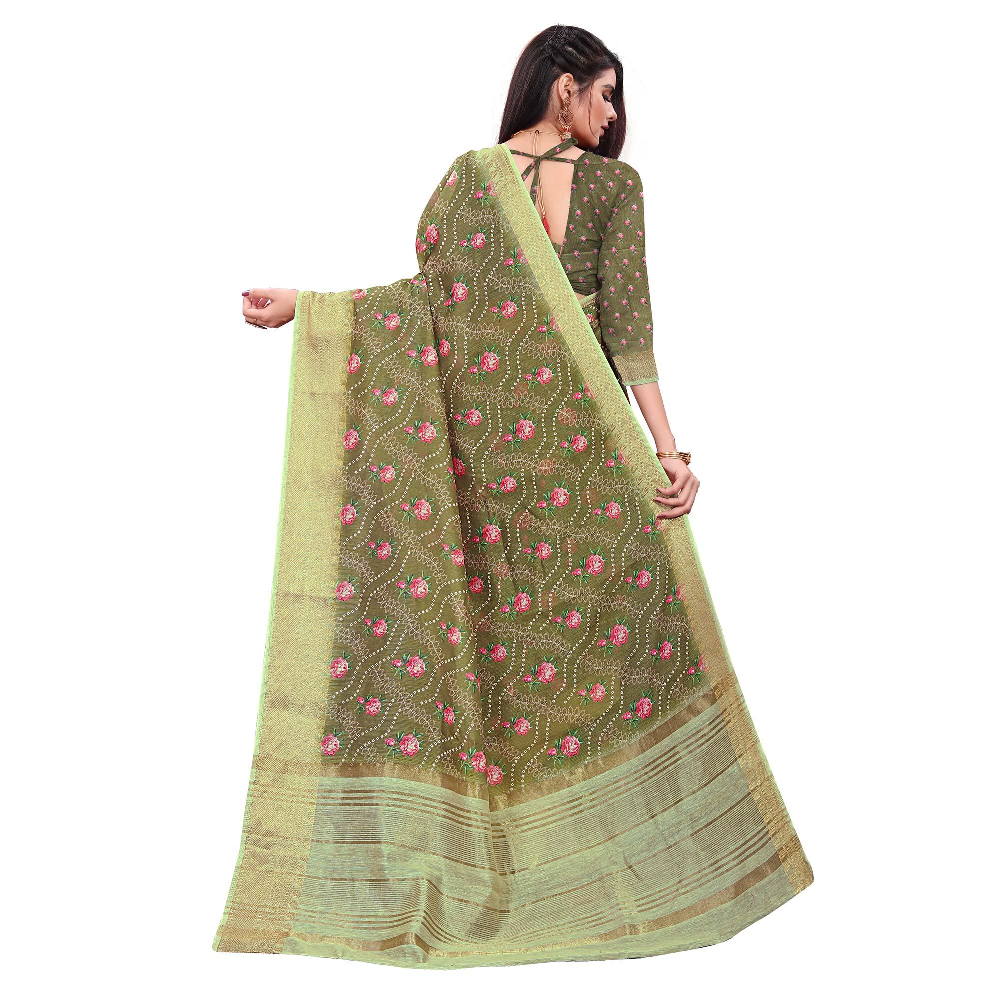 Entrancing Olive Green Colored Festive Wear Woven Banarasi Silk Saree - Peachmode