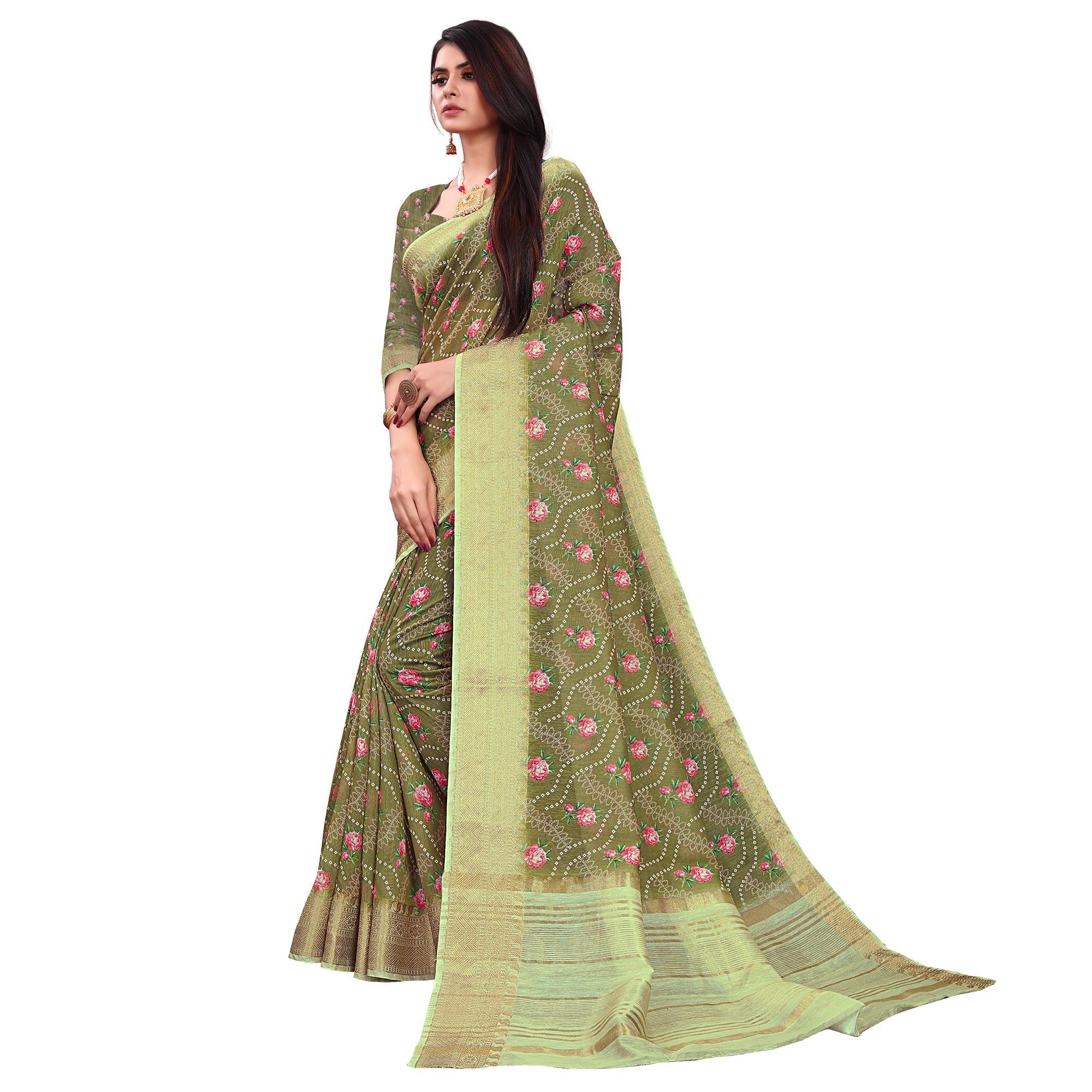 Entrancing Olive Green Colored Festive Wear Woven Banarasi Silk Saree - Peachmode