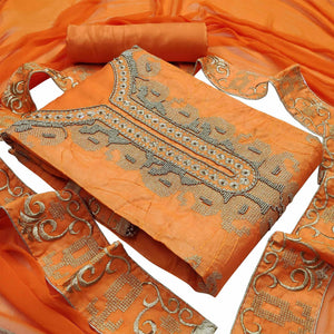 Entrancing Orange Colored Casual Wear Embroidered Heavy Modal Silk Dress Material - Peachmode