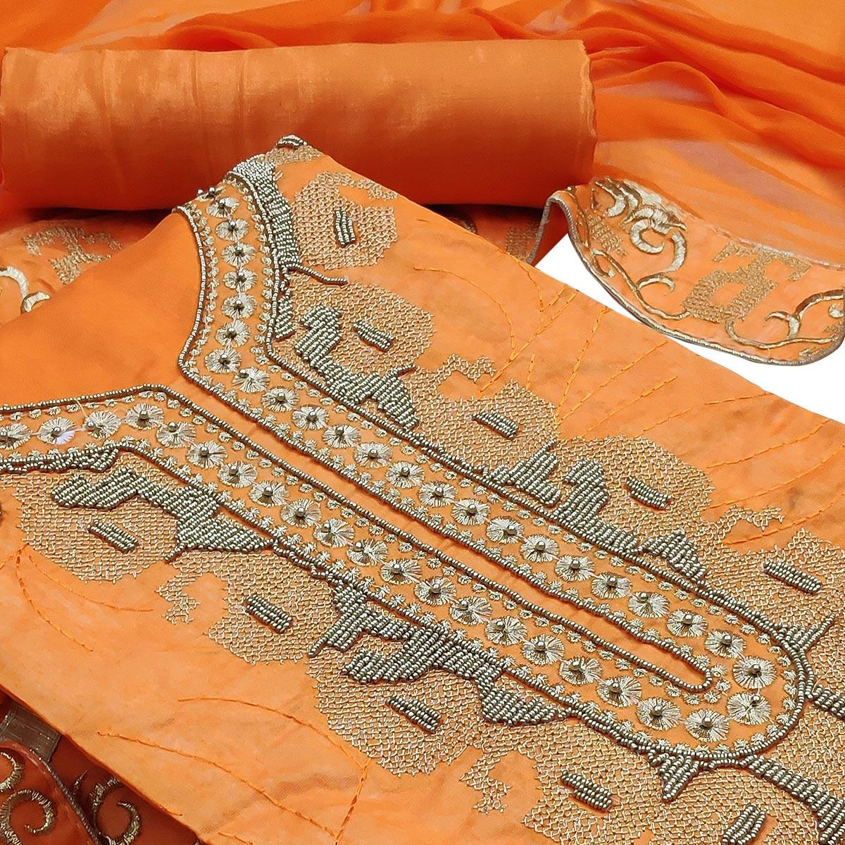Entrancing Orange Colored Casual Wear Embroidered Heavy Modal Silk Dress Material - Peachmode