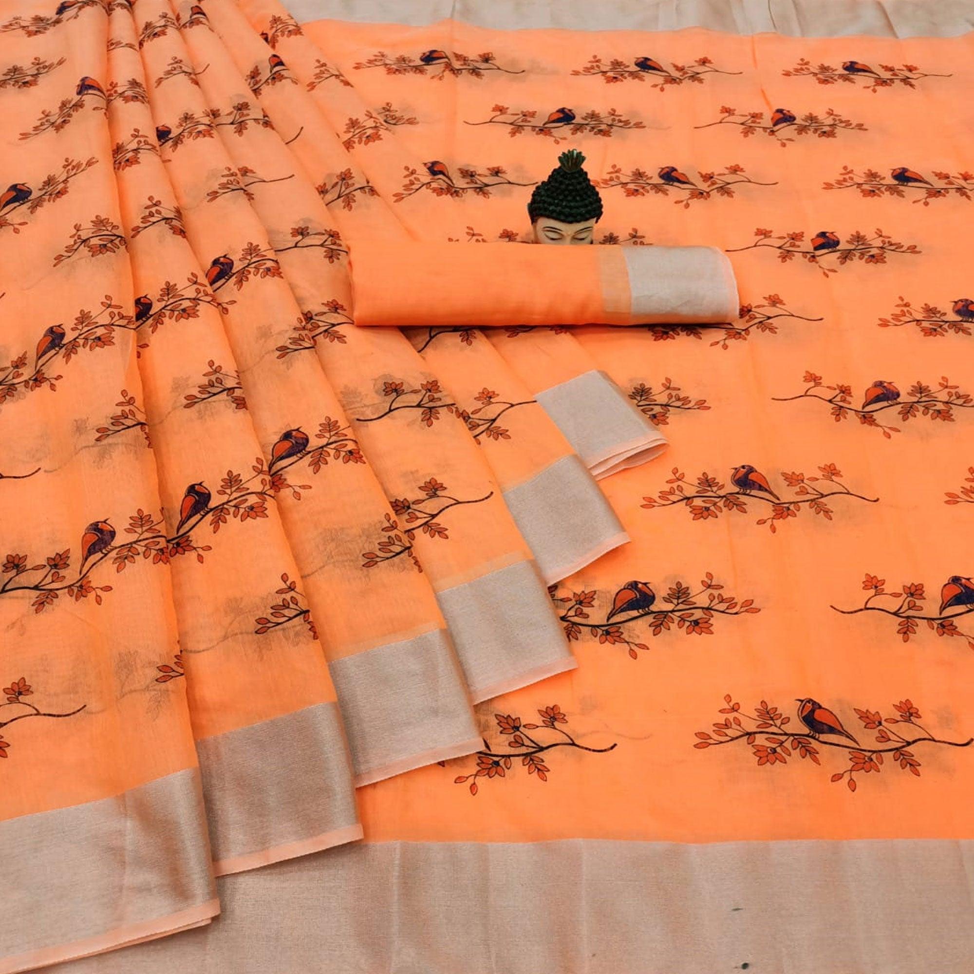 Entrancing Orange Colored Casual Wear Printed Cotton Linen Saree - Peachmode