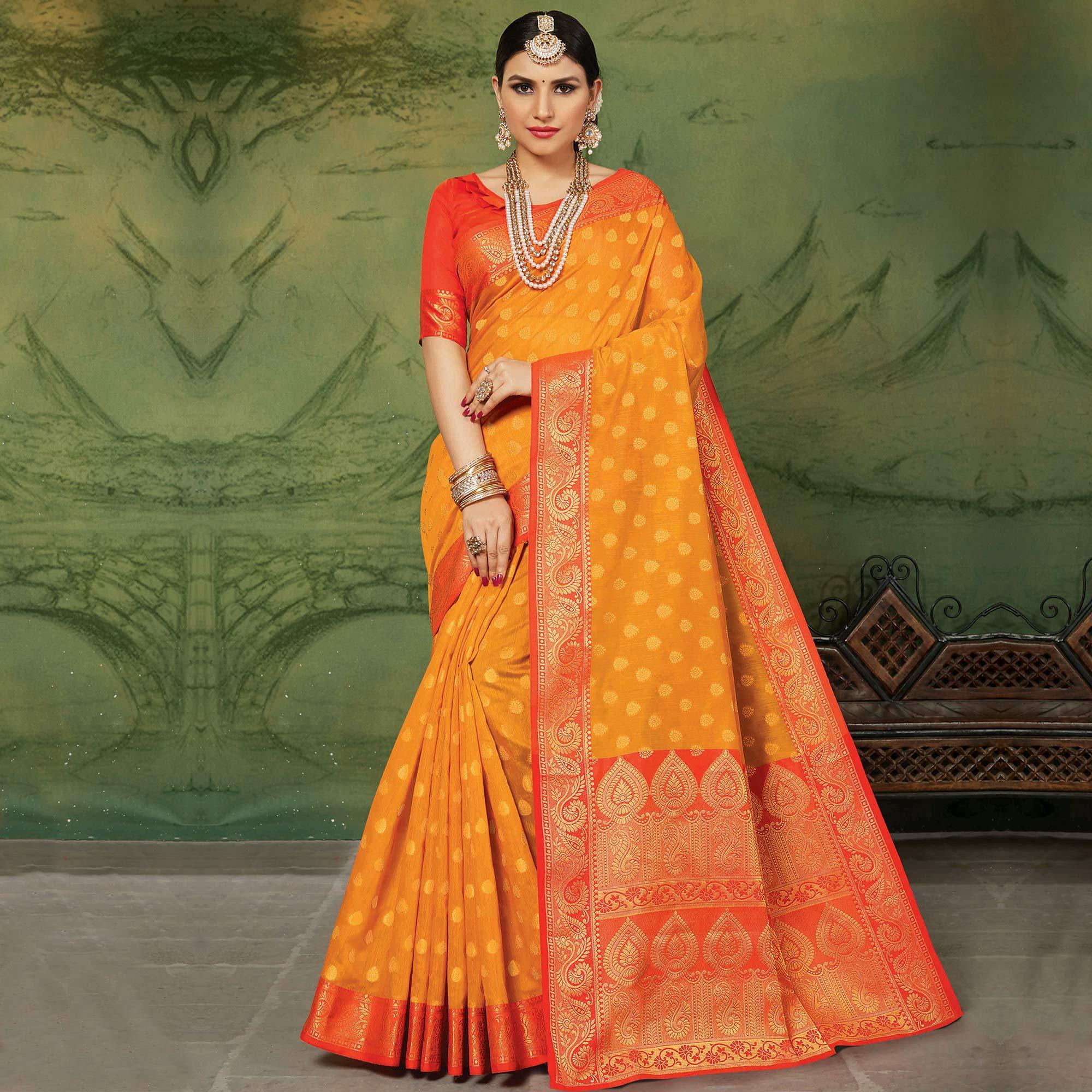 Entrancing Orange Colored Festive Wear Woven Handloom Silk Saree - Peachmode