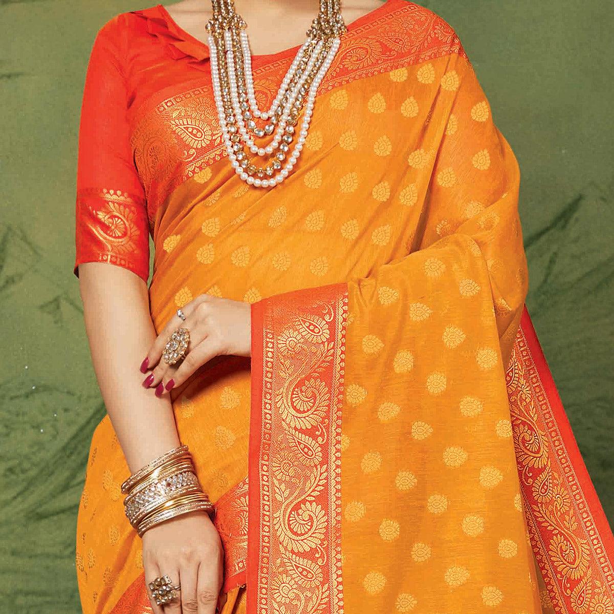 Entrancing Orange Colored Festive Wear Woven Handloom Silk Saree - Peachmode