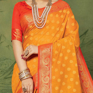 Entrancing Orange Colored Festive Wear Woven Handloom Silk Saree - Peachmode