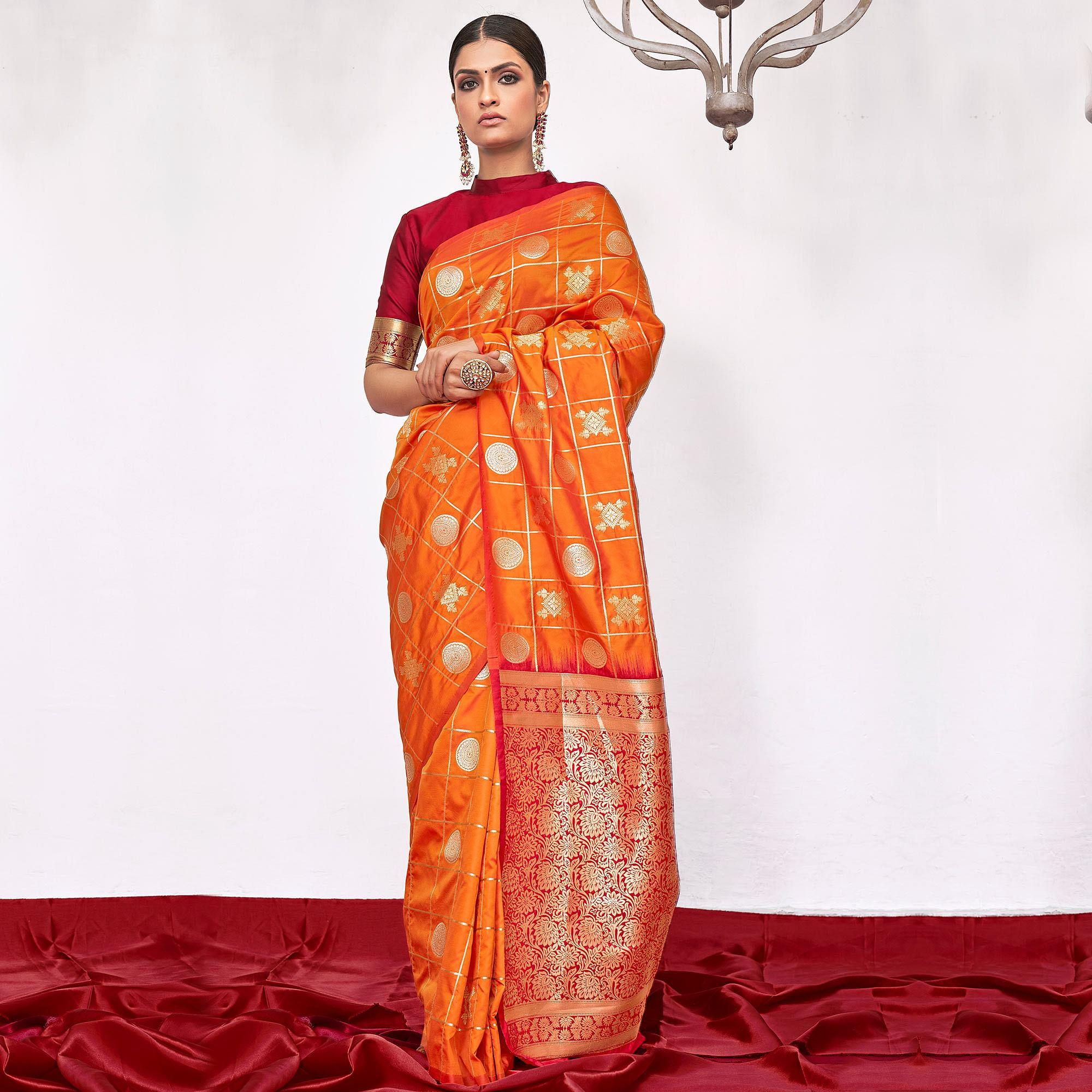 Entrancing Orange Colored Festive Wear Woven Silk Saree - Peachmode