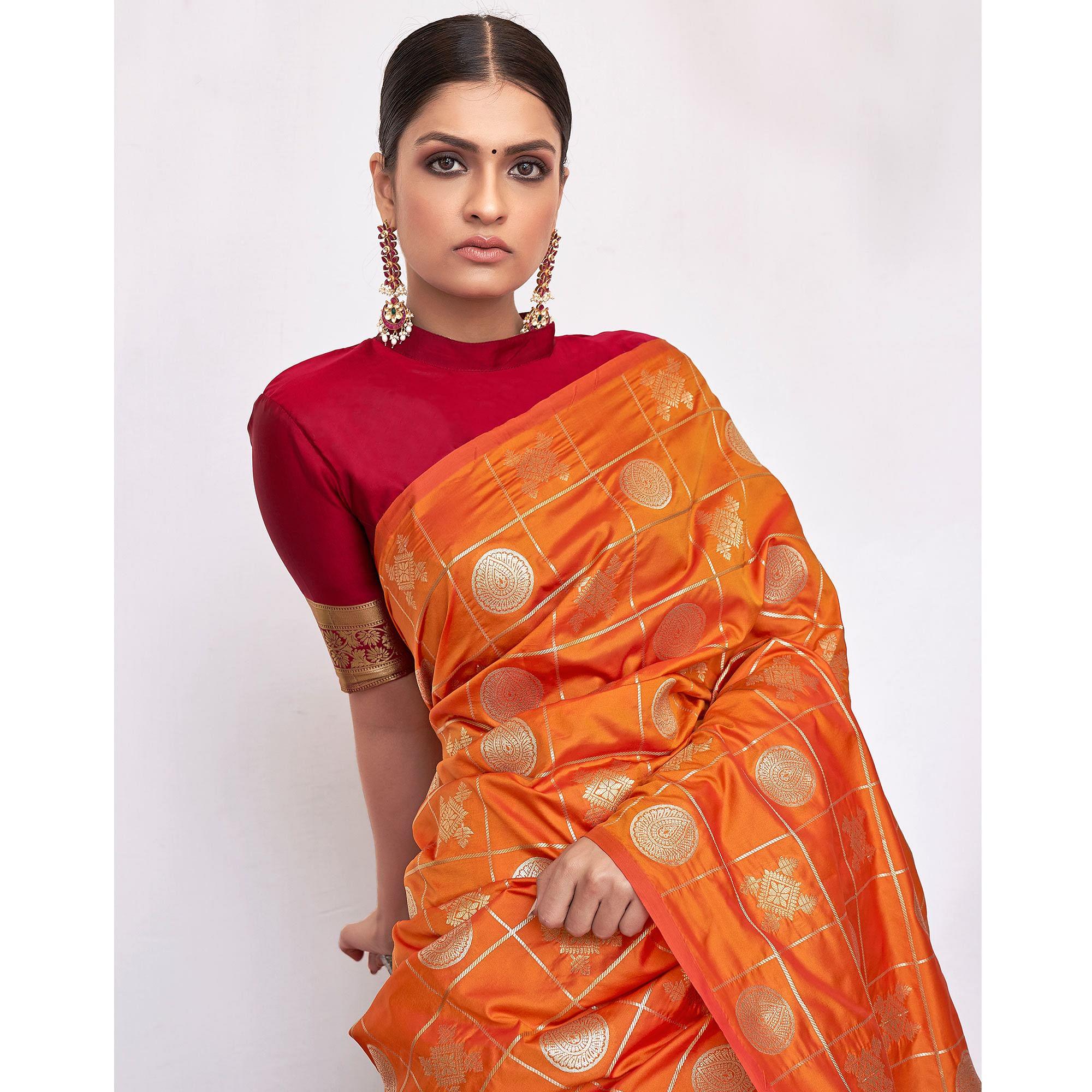 Entrancing Orange Colored Festive Wear Woven Silk Saree - Peachmode