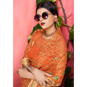 Entrancing Orange Colored Party Wear Floral Embroidered Organza Saree - Peachmode