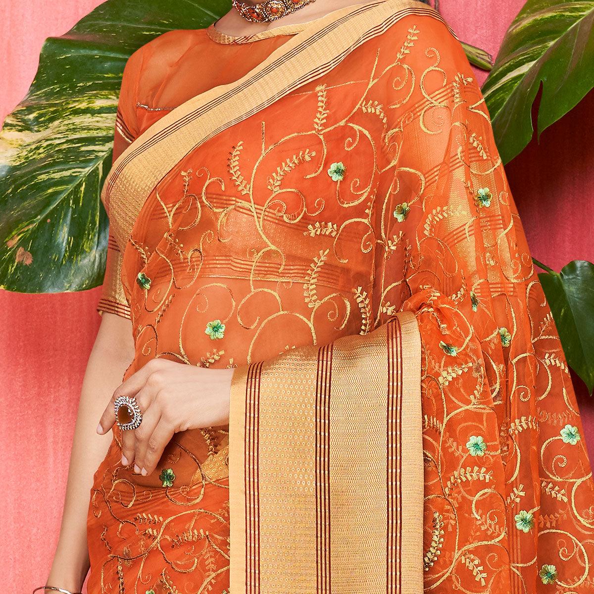 Entrancing Orange Colored Party Wear Floral Embroidered Organza Saree - Peachmode