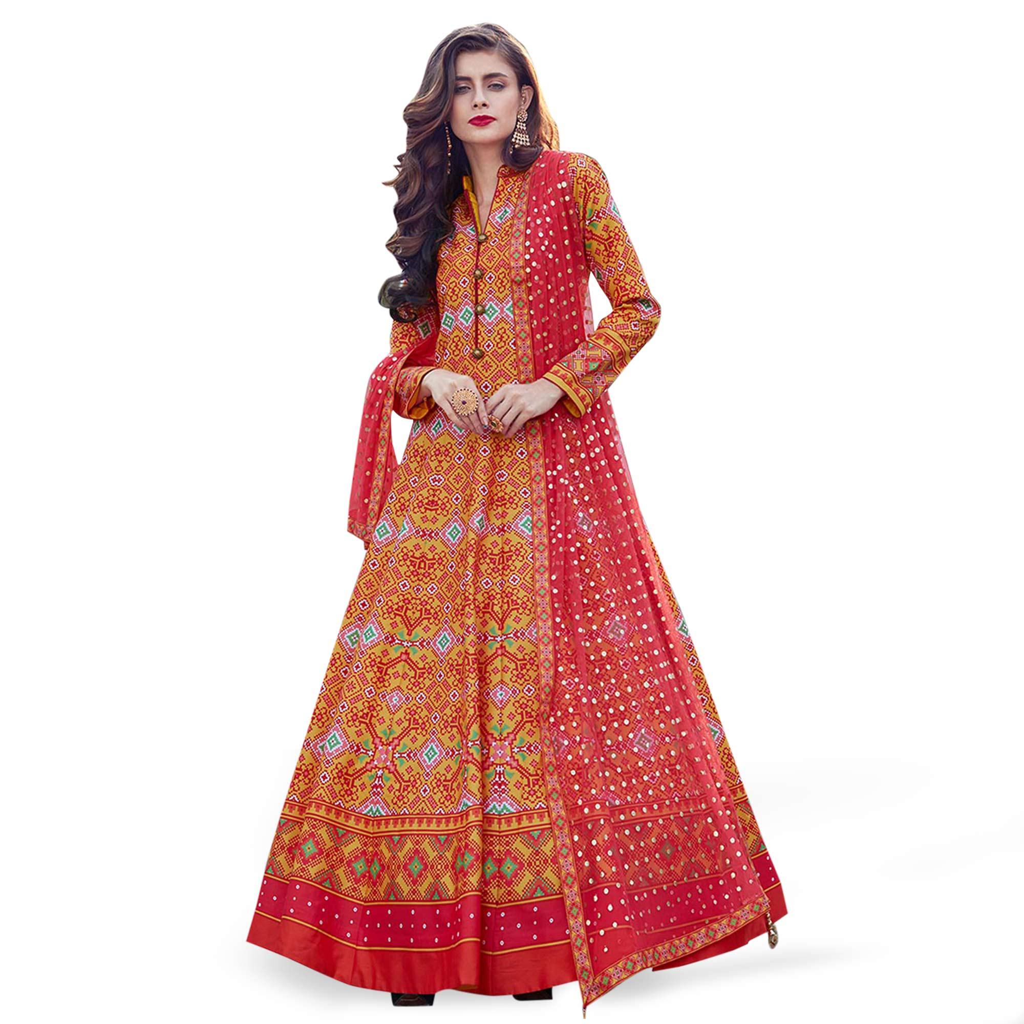 Entrancing Orange Colored Partywear Digital Printed Silk Gown - Peachmode