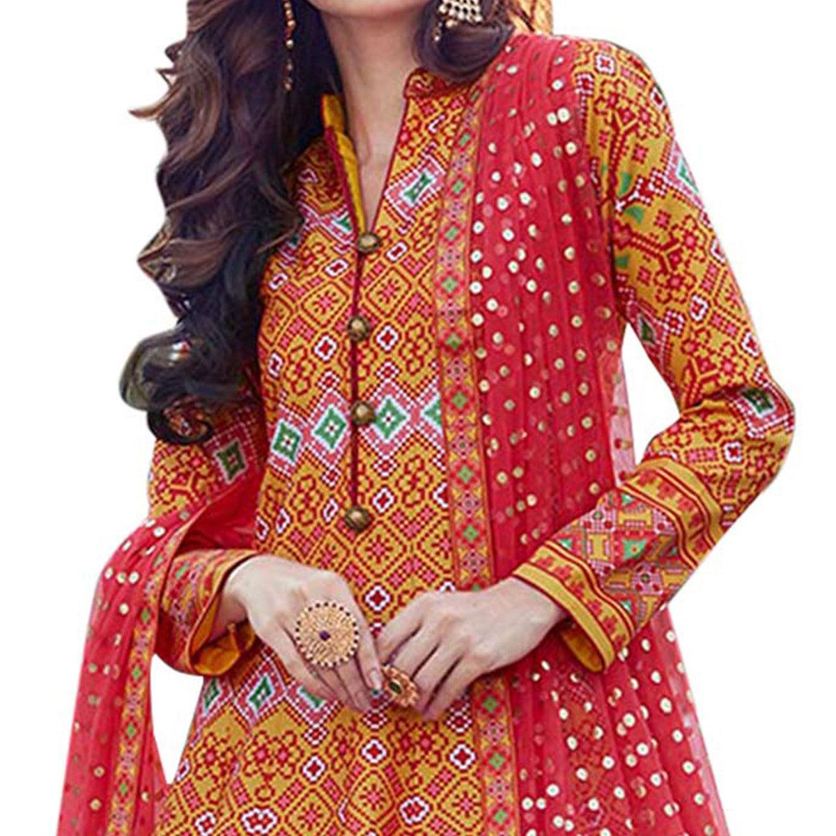 Entrancing Orange Colored Partywear Digital Printed Silk Gown - Peachmode