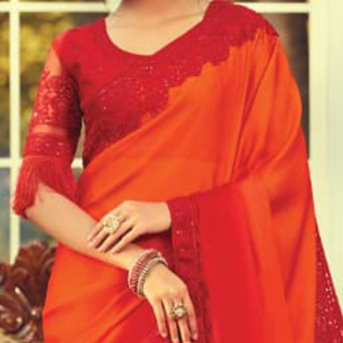 Entrancing Orange Colored Partywear Embroidered Silk Saree - Peachmode