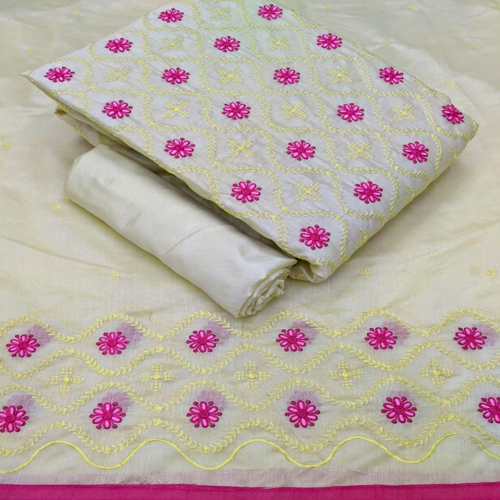 Entrancing Pastel Yellow Colored Casual Wear Embroidered Modal Cotton Dress Material - Peachmode