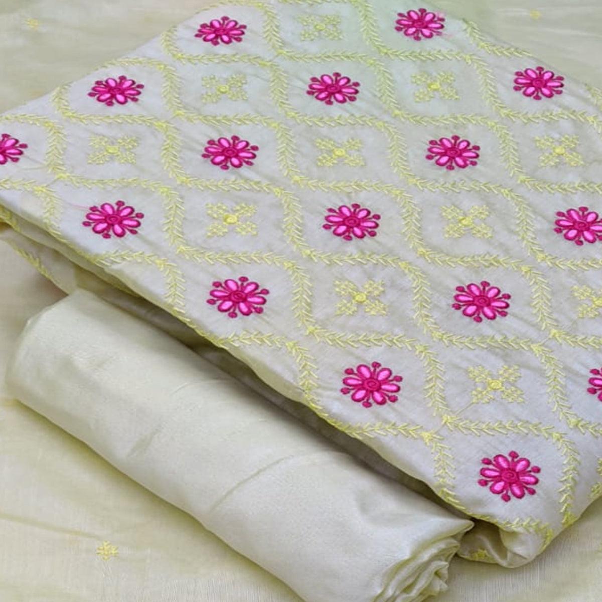 Entrancing Pastel Yellow Colored Casual Wear Embroidered Modal Cotton Dress Material - Peachmode