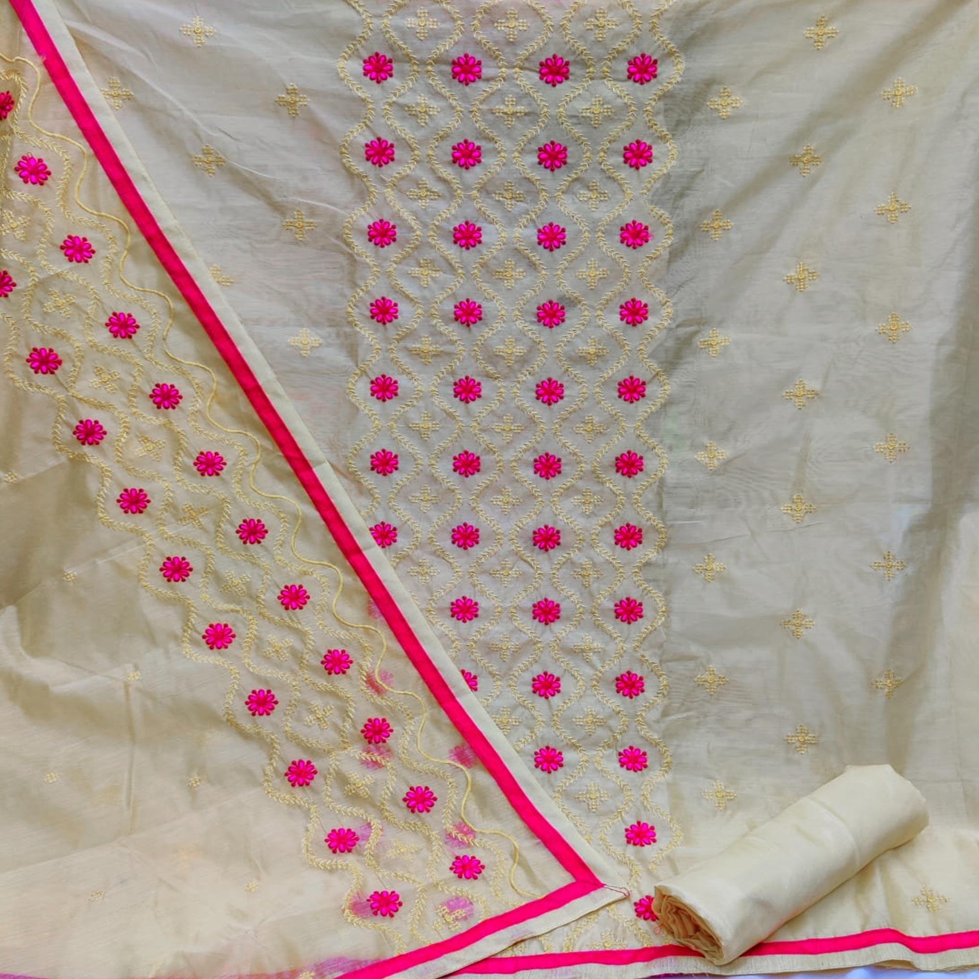 Entrancing Pastel Yellow Colored Casual Wear Embroidered Modal Cotton Dress Material - Peachmode