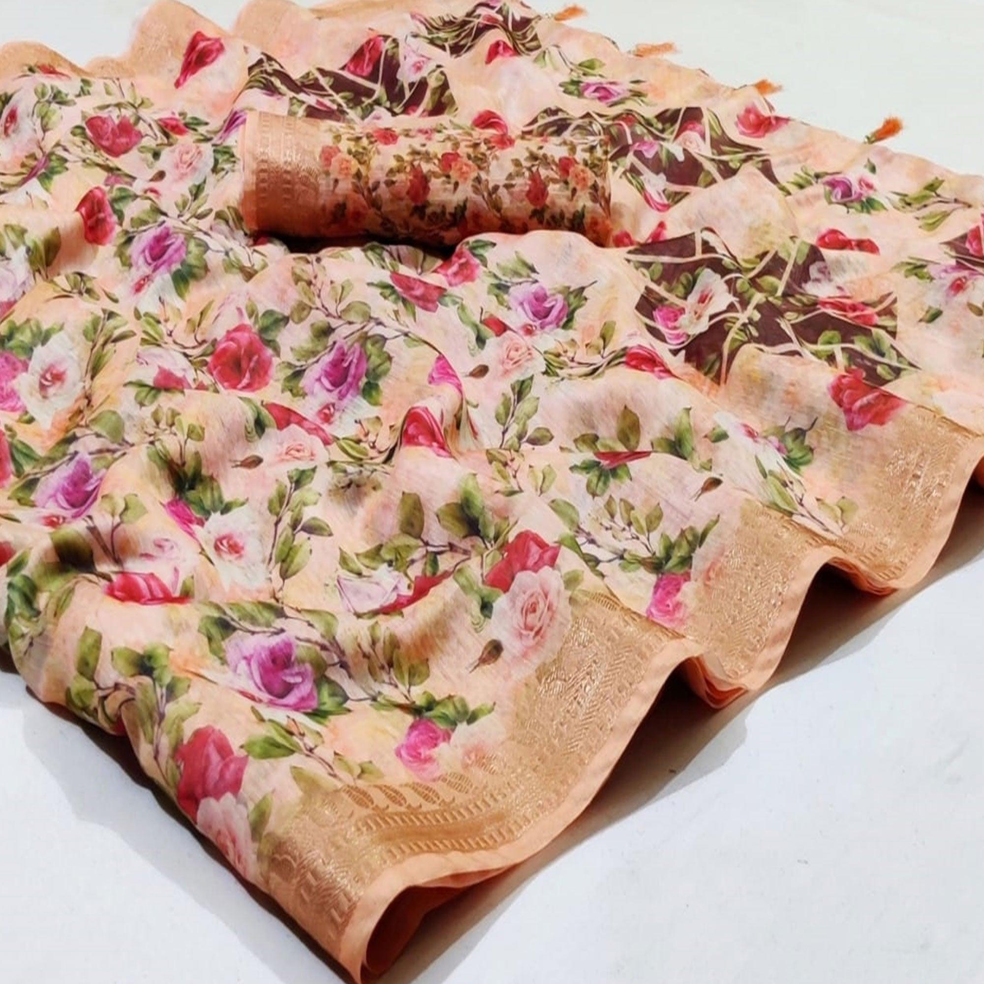 Entrancing Peach Colored Casual Wear Floral Printed Silk Saree - Peachmode