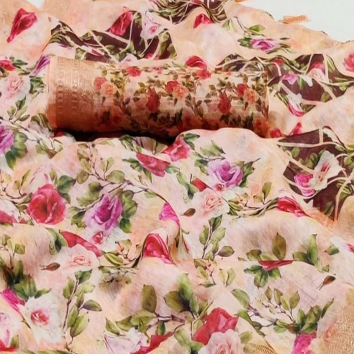 Entrancing Peach Colored Casual Wear Floral Printed Silk Saree - Peachmode