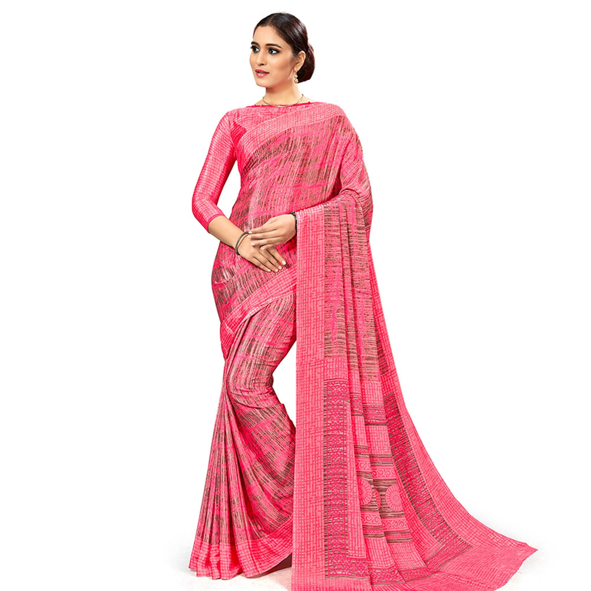 Entrancing Pink Colored Casual Wear Printed Crepe Saree - Peachmode