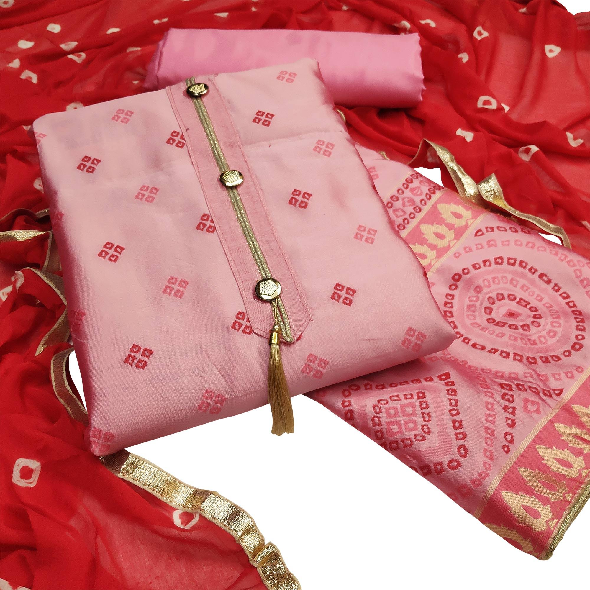 Entrancing Pink Colored Festive Wear Woven Heavy Banarasi Silk Dress Material - Peachmode