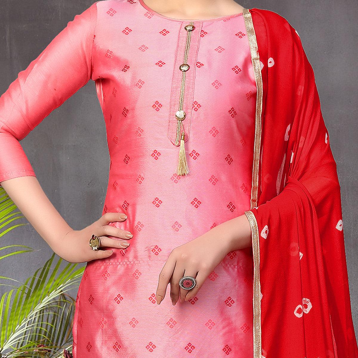 Entrancing Pink Colored Festive Wear Woven Heavy Banarasi Silk Dress Material - Peachmode
