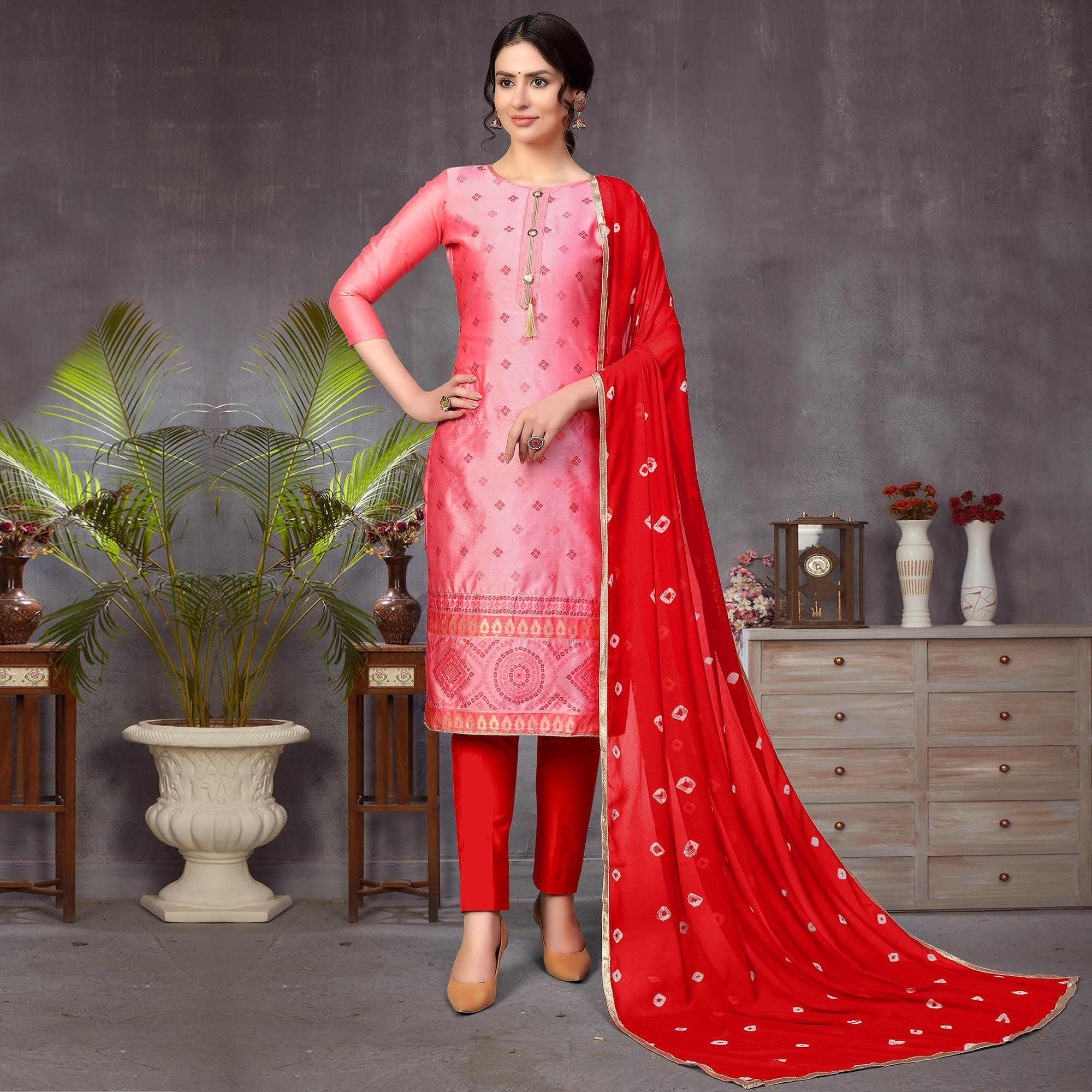 Entrancing Pink Colored Festive Wear Woven Heavy Banarasi Silk Dress Material - Peachmode
